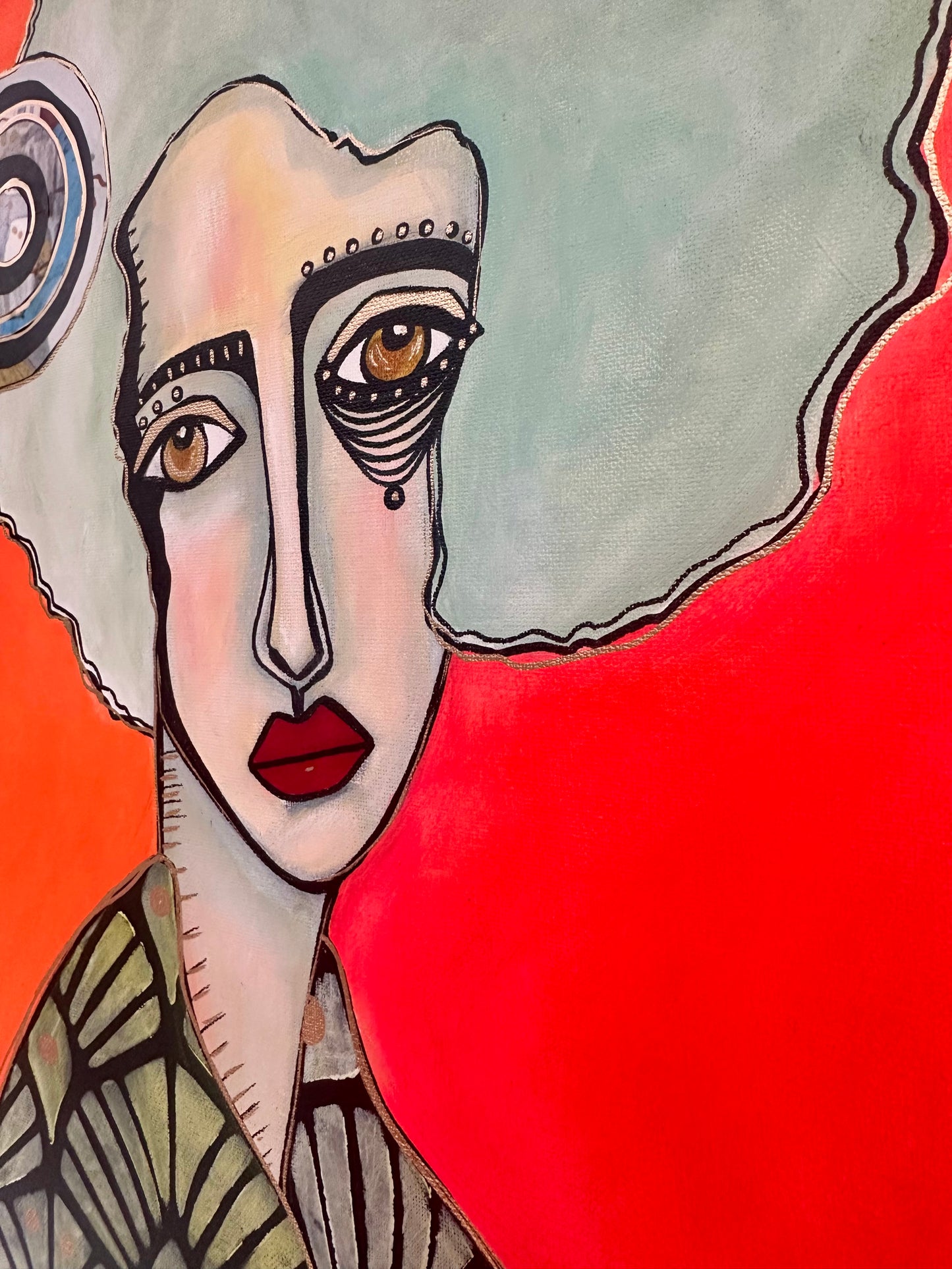 Original, signed painting on painted edge canvas  Abstract portrait w/mixed media 14x18