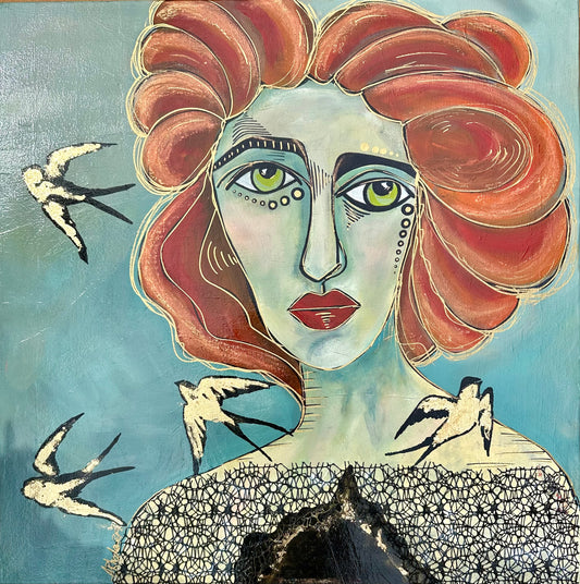 LARGE Original Painting on wide-edge gallery canvas 30x30”. “Another Brood Departs”. Abstract portrait with mixed media.