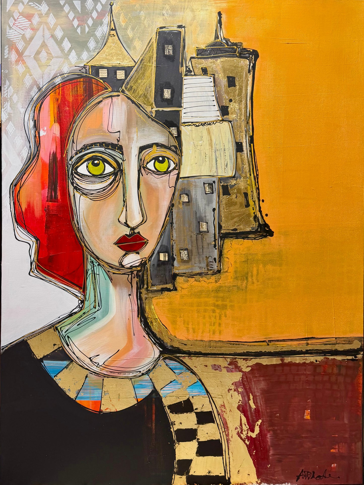 36x48 Original signed painting-wide gallery edge canvas Abstract portrait, acrylic w/mixed media collage & painted edge