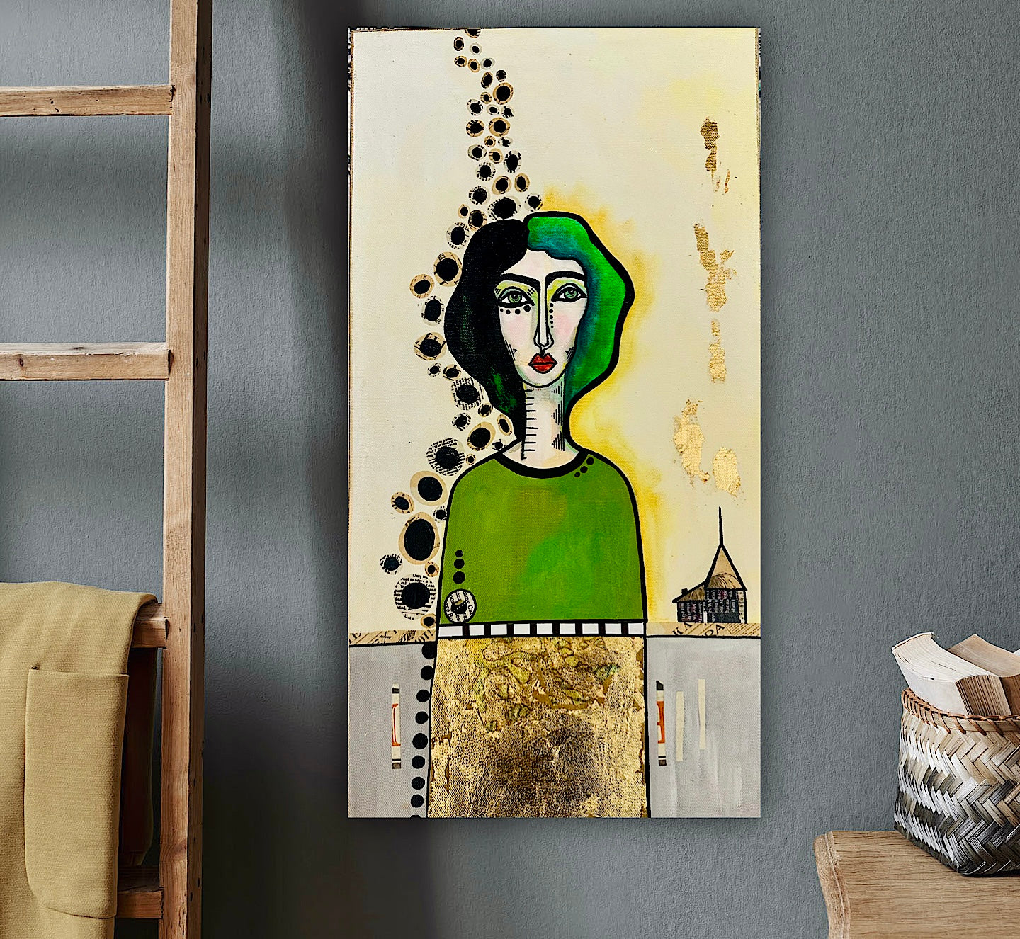 Original, signed painting-12x24” wide collage edge canvas: Abstract portrait w/ mixed media