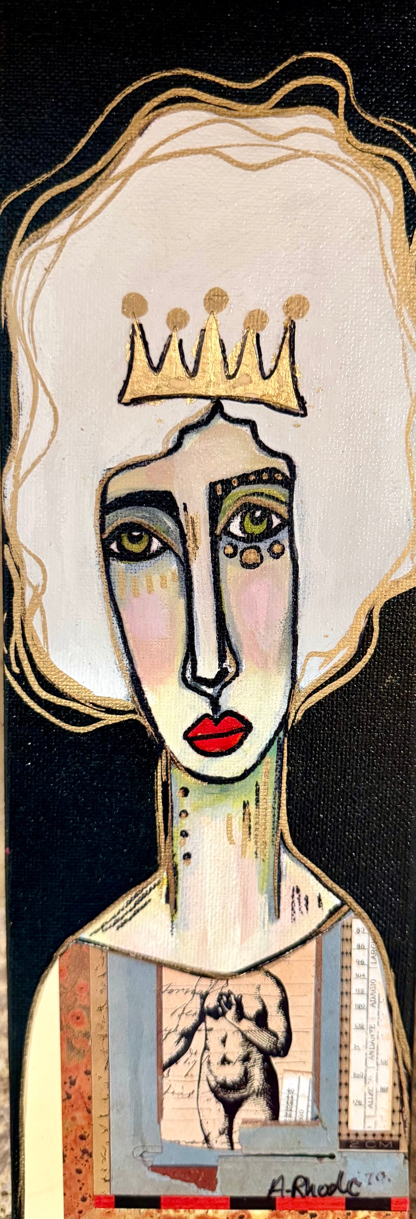 Original, signed mini /slender painting on canvas  Abstract portrait w/mixed media 4x12”
