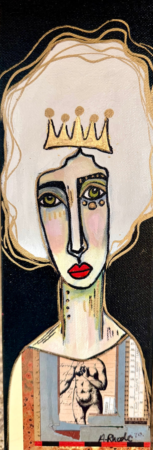 Original, signed mini /slender painting on canvas  Abstract portrait w/mixed media 4x12”