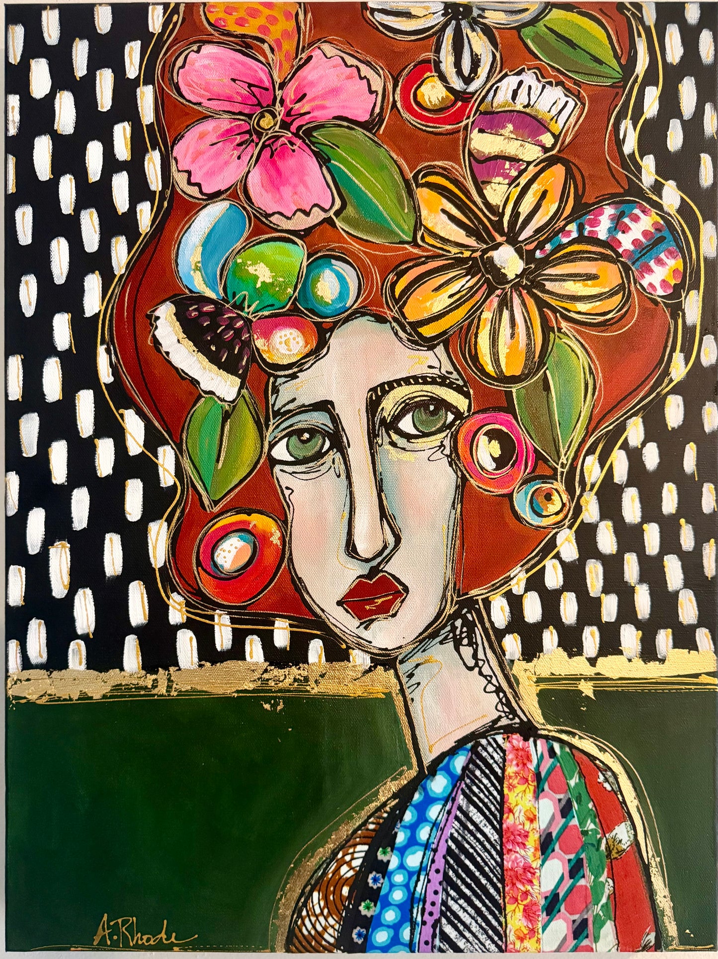 Original, signed painting-18x24”painted, wide edge canvas: Abstract portrait with flowers/mixed media.