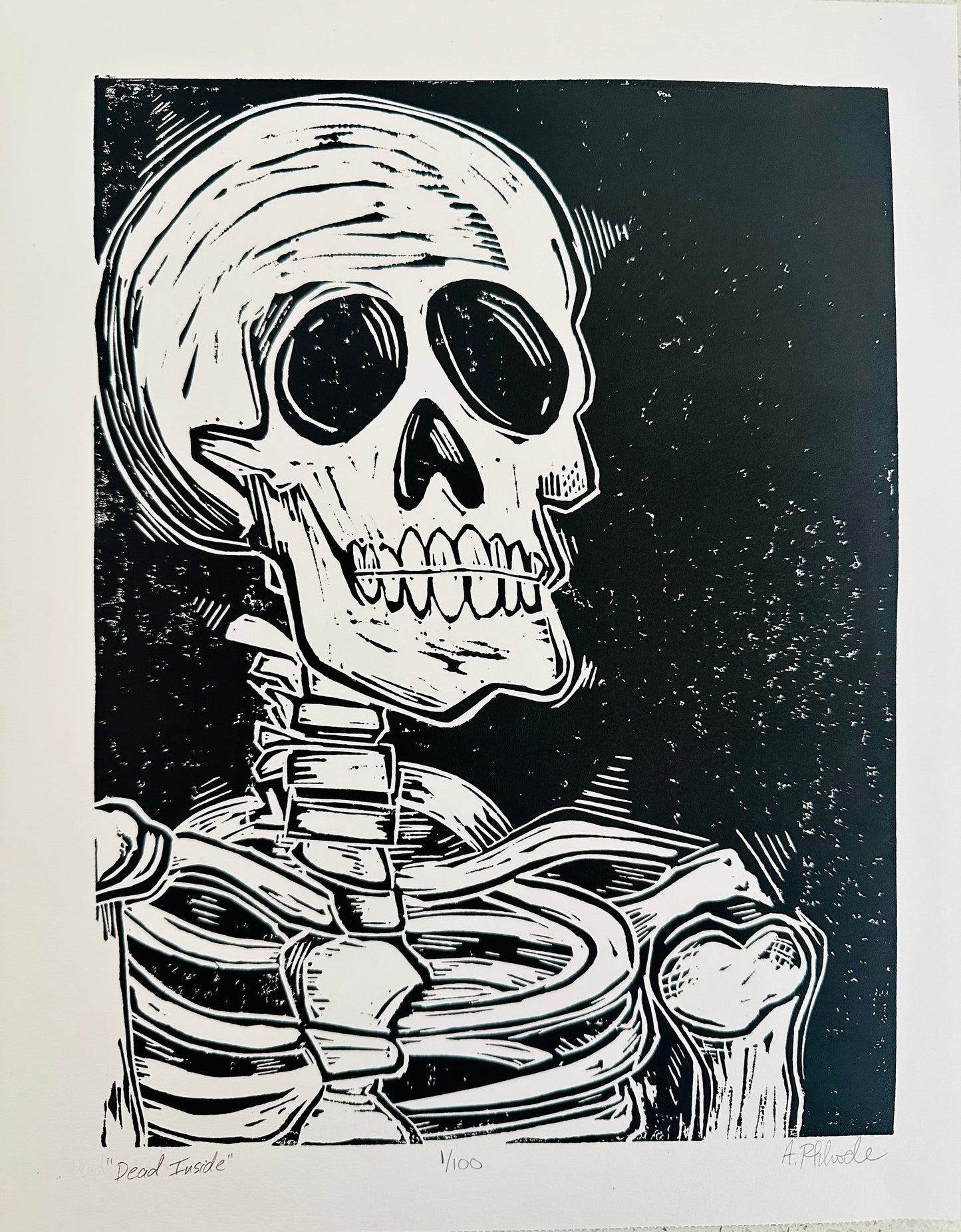 Original, hand-carved & pulled linocut block print - Unframed, 11x14 print or 13x16 framed - “Dead Inside”Abstract  Portrait.