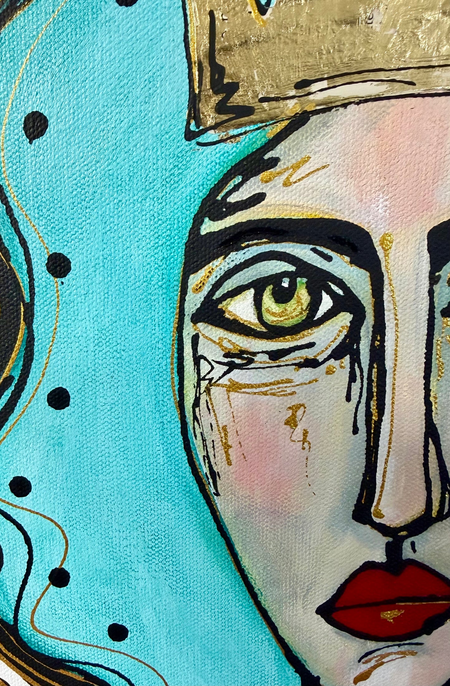 Original, signed painting-12x24” painted edge canvas: Abstract portrait w/ mixed media crown