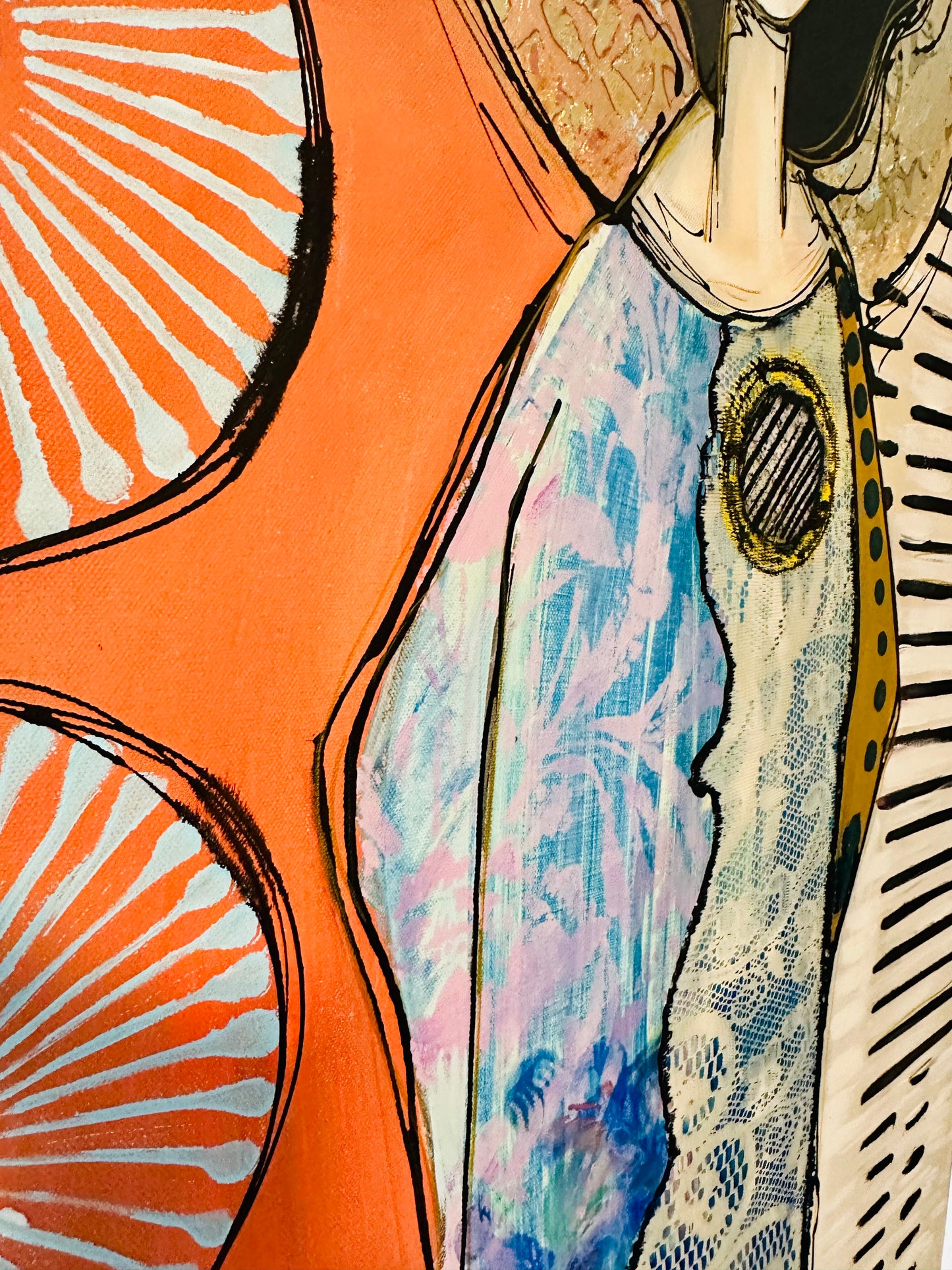 Original, signed painting-24x48”- black edge canvas: Abstract portrait w/ mixed media -“copper nimbus”