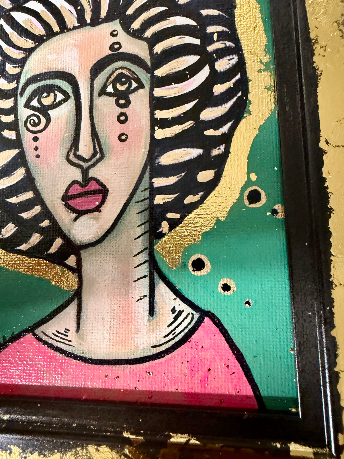 Original,signed painting-mixed media portrait on canvas in gold frame 9x11