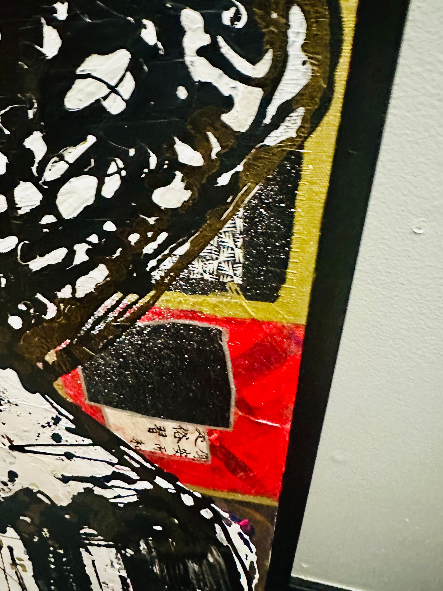 Tall, 26x50” Original painting on canvas w/black wood frame. Abstract,splatter w/gold ink,contour portrait-Large