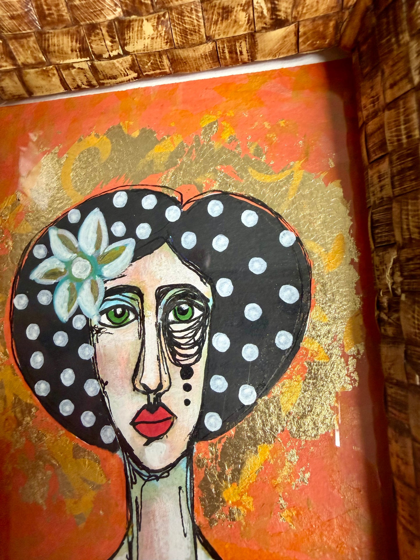 Original,signed painting/mixed media collage portrait on heavyweight archival paper in rattan frame 8x10