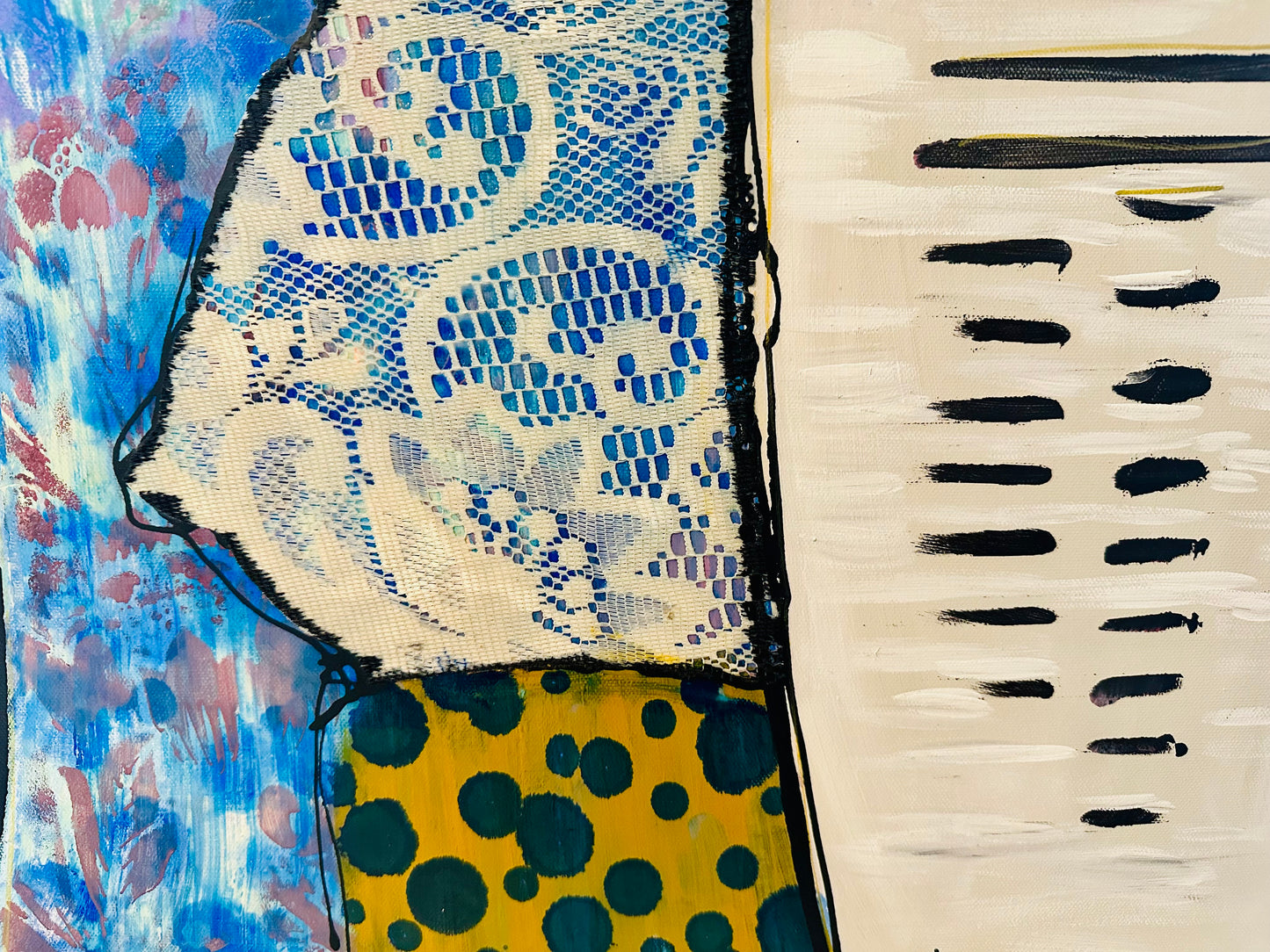 Original, signed painting-24x48”- black edge canvas: Abstract portrait w/ mixed media -“copper nimbus”