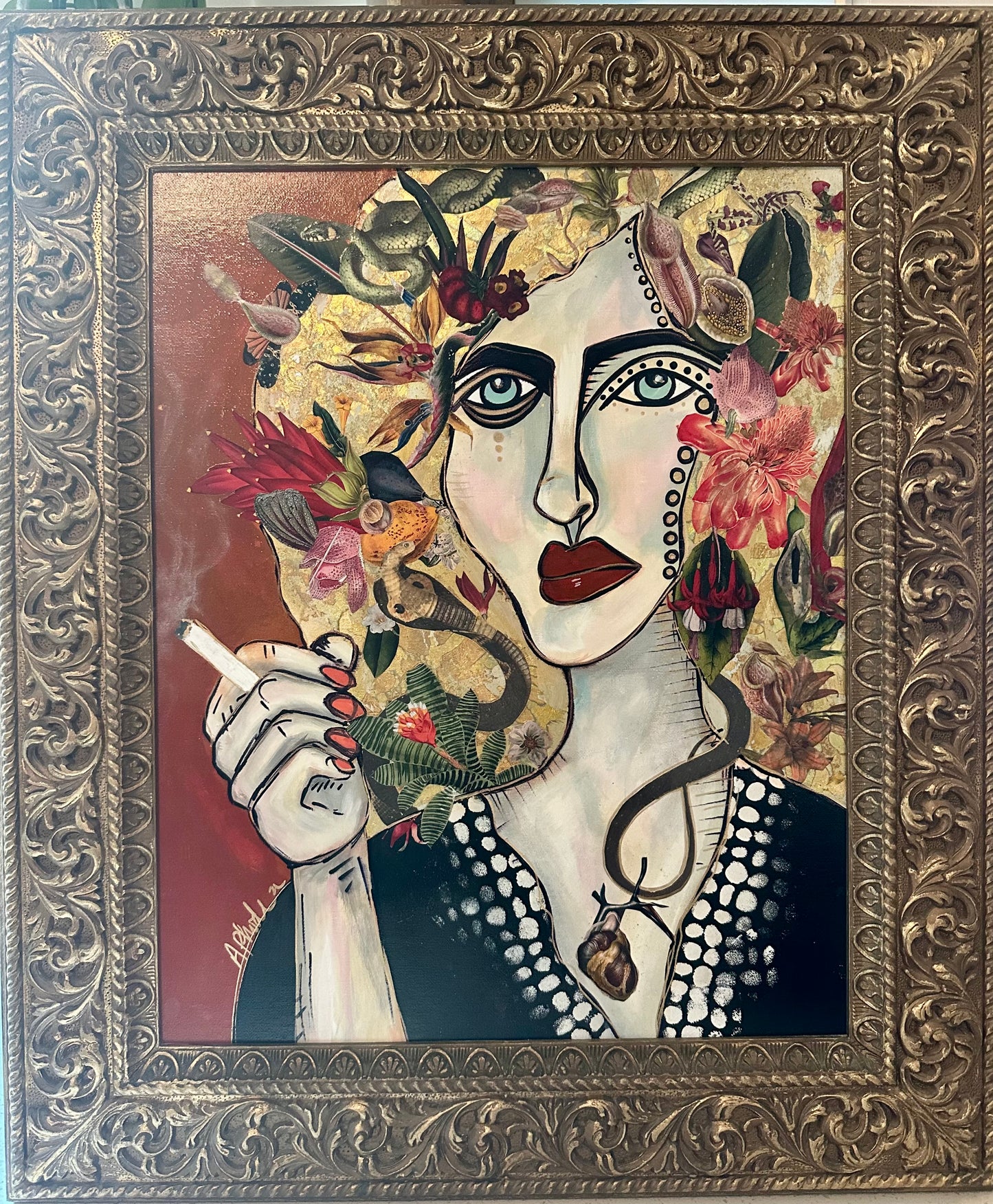 Original painting & mixed media on canvas board in vintage gold resin frame 22x26 Abstract Portrait w/collage-Medusa