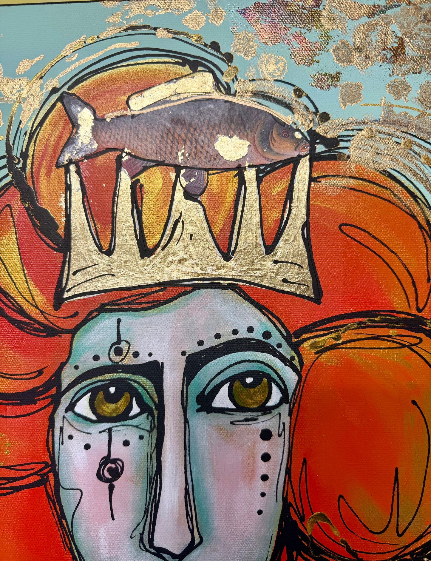 Original, signed painting-20x24”painted, wide edge canvas: “Upstream” Abstract portrait with mixed media collage