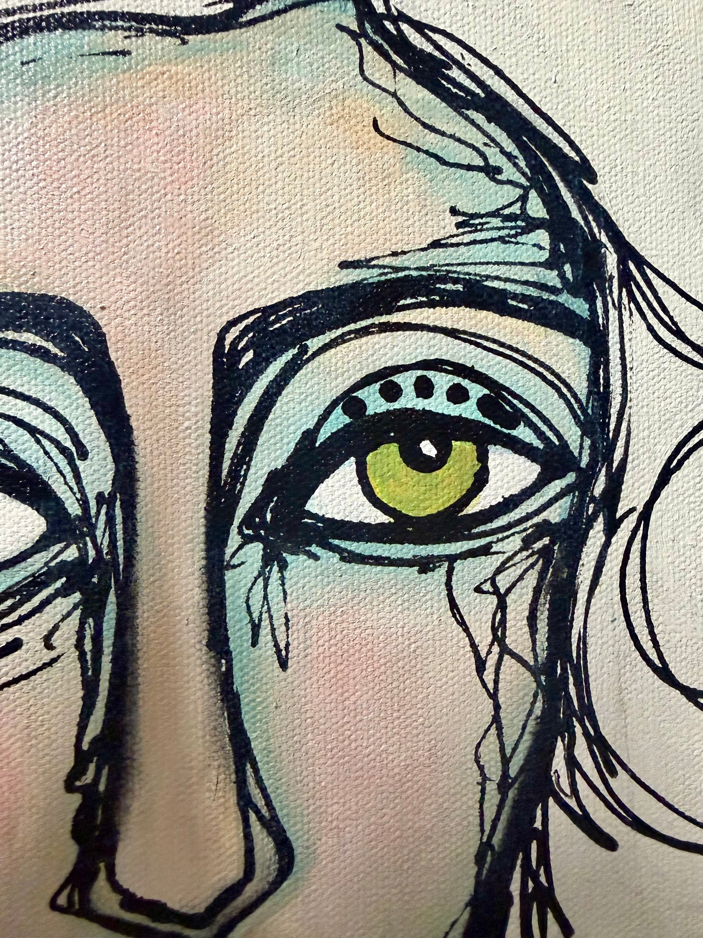 Original, signed painting-18x24”painted, wide edge canvas: Abstract portrait with mixed media collage