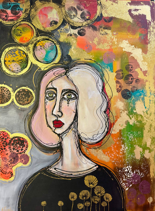 36x48 Original signed painting-wide gallery edge canvas Abstract portrait, acrylic w/mixed media & decorated edge