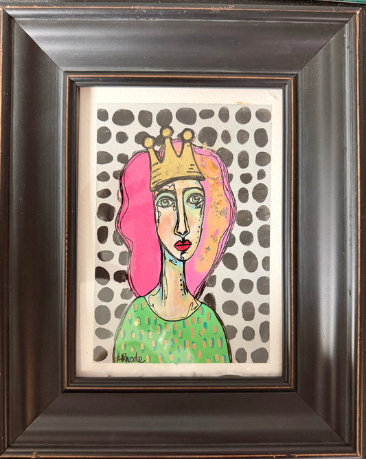 Original,signed painting/mixed media collage portrait on heavyweight archival paper in black frame,8x10”