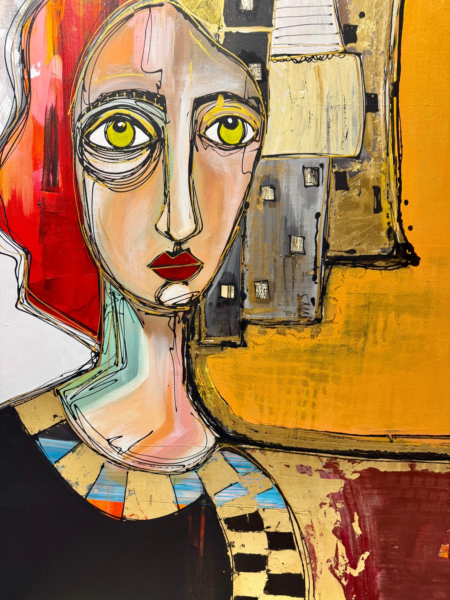 36x48 Original signed painting-wide gallery edge canvas Abstract portrait, acrylic w/mixed media collage & painted edge