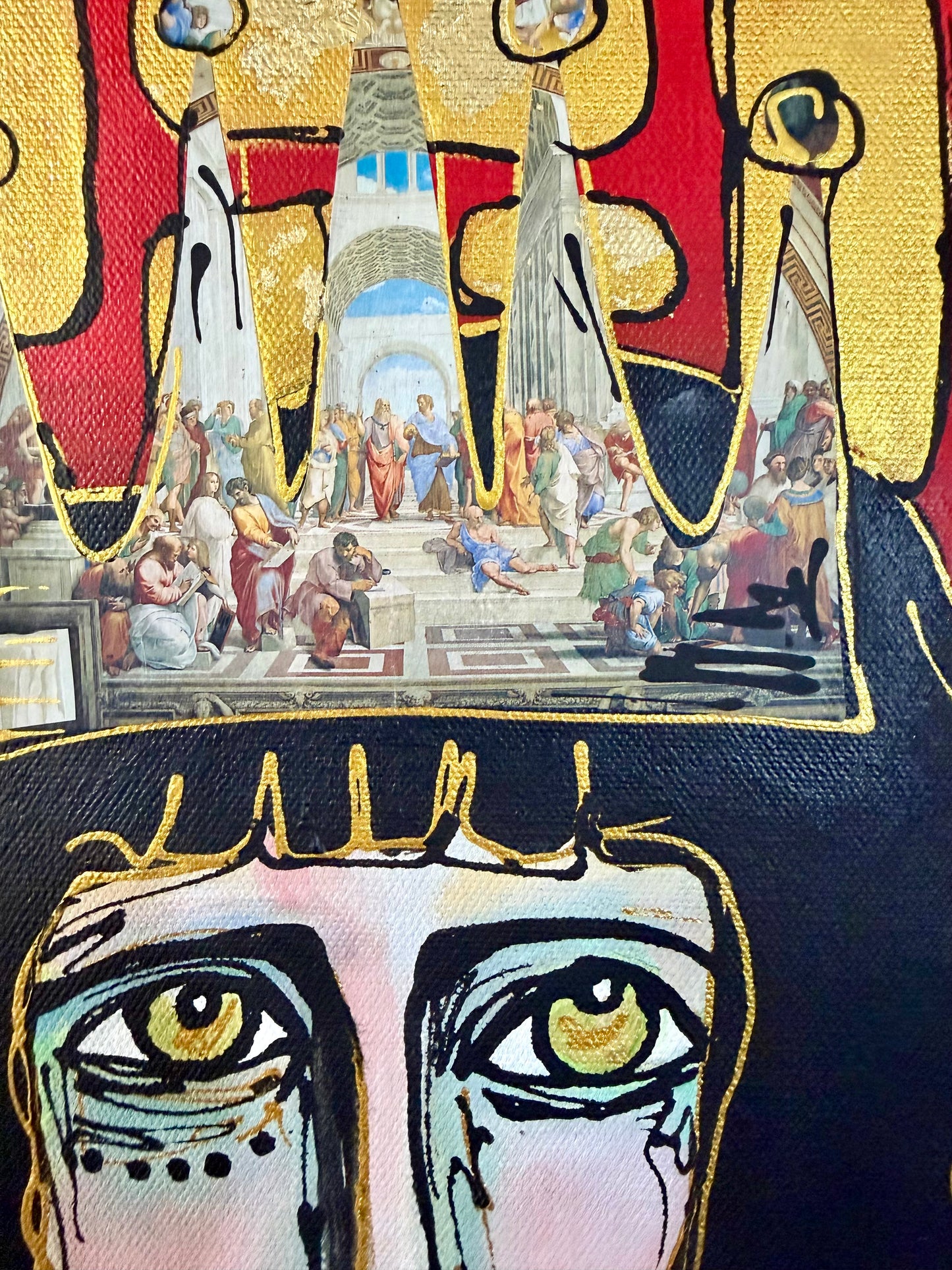 Original, signed painting-12x24” painted edge canvas: Abstract portrait w/ mixed media crown