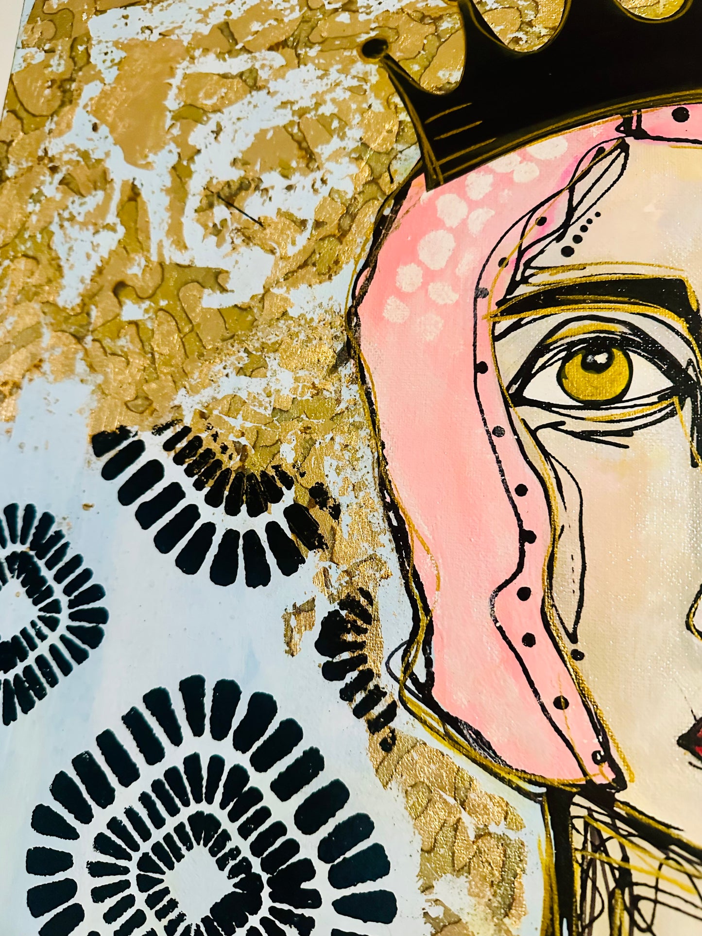 Original, signed painting-24x48”- black edge canvas: Abstract portrait w/ mixed media - ‘Black Crown’