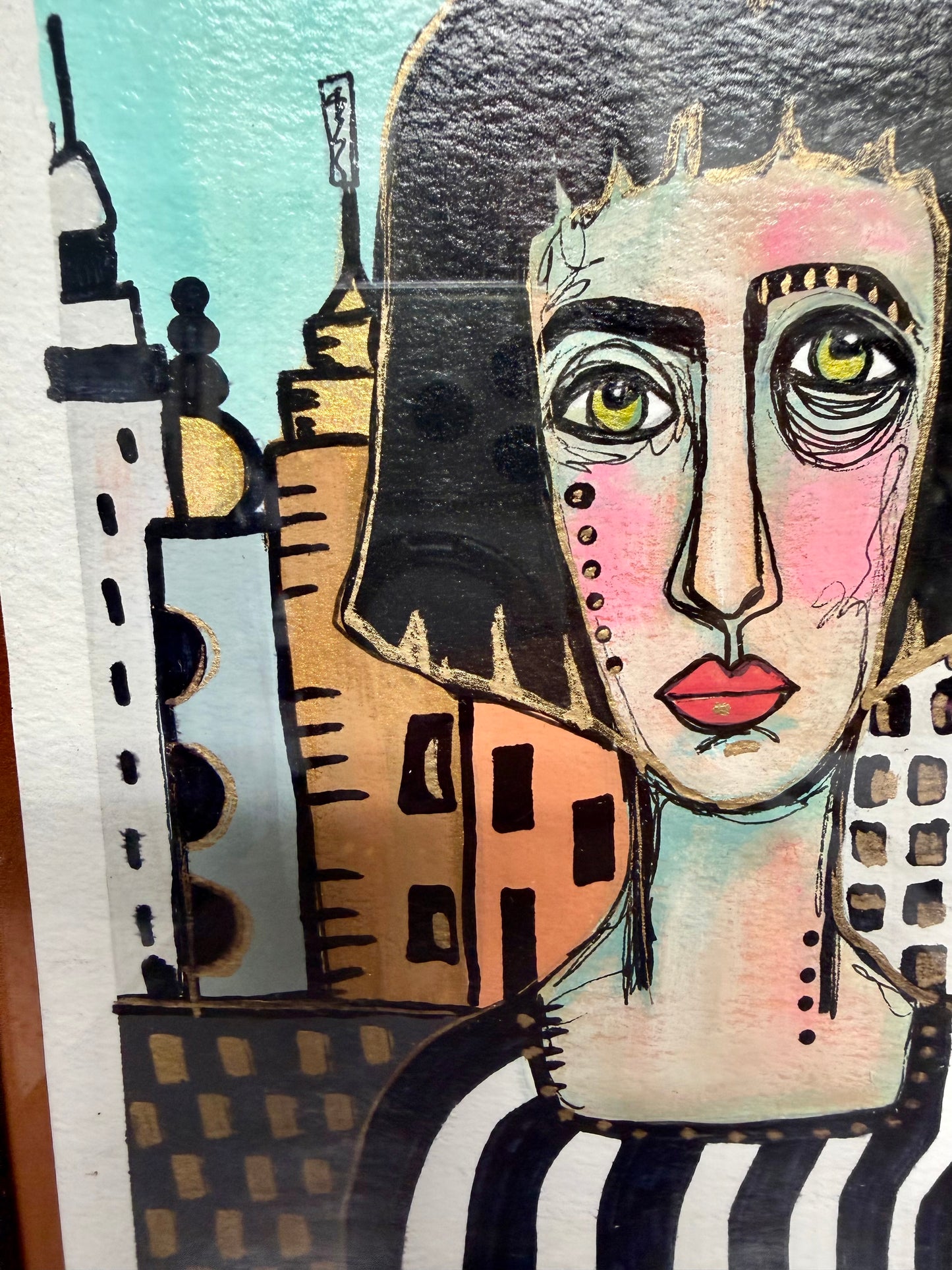 Original,signed painting/mixed media collage portrait on heavyweight archival paper/board in black frame 10.5x13
