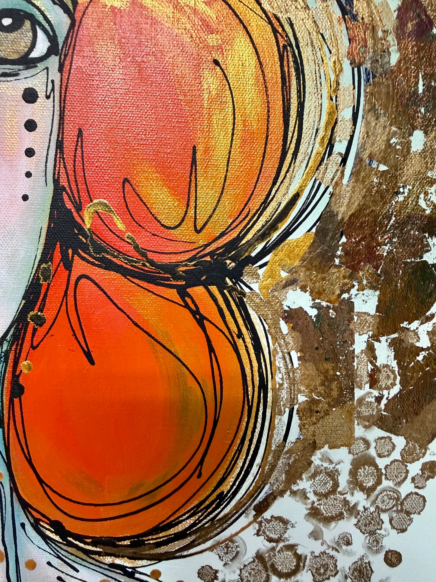 Original, signed painting-20x24”painted, wide edge canvas: “Upstream” Abstract portrait with mixed media collage