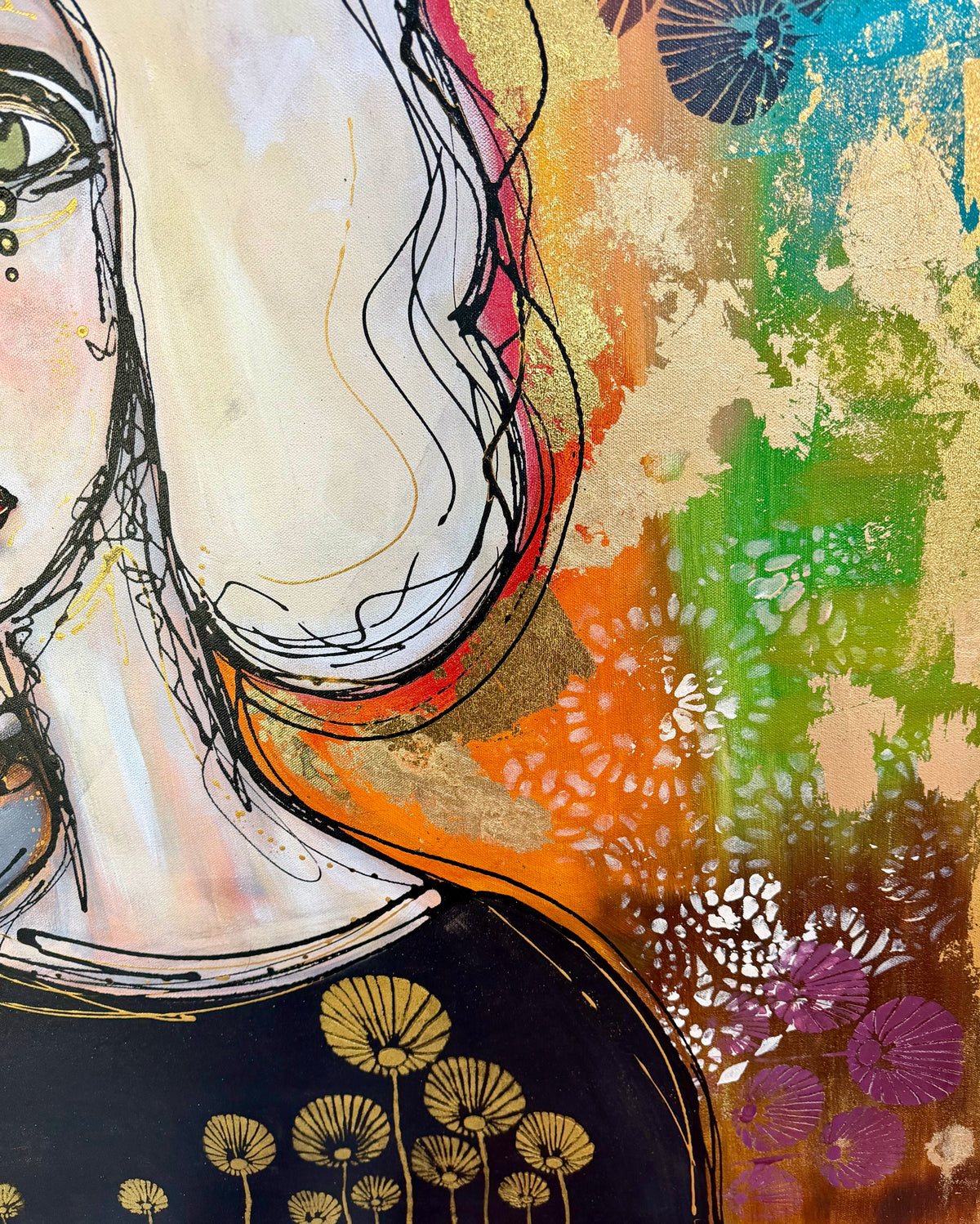 36x48 Original signed painting-wide gallery edge canvas Abstract portrait, acrylic w/mixed media & decorated edge