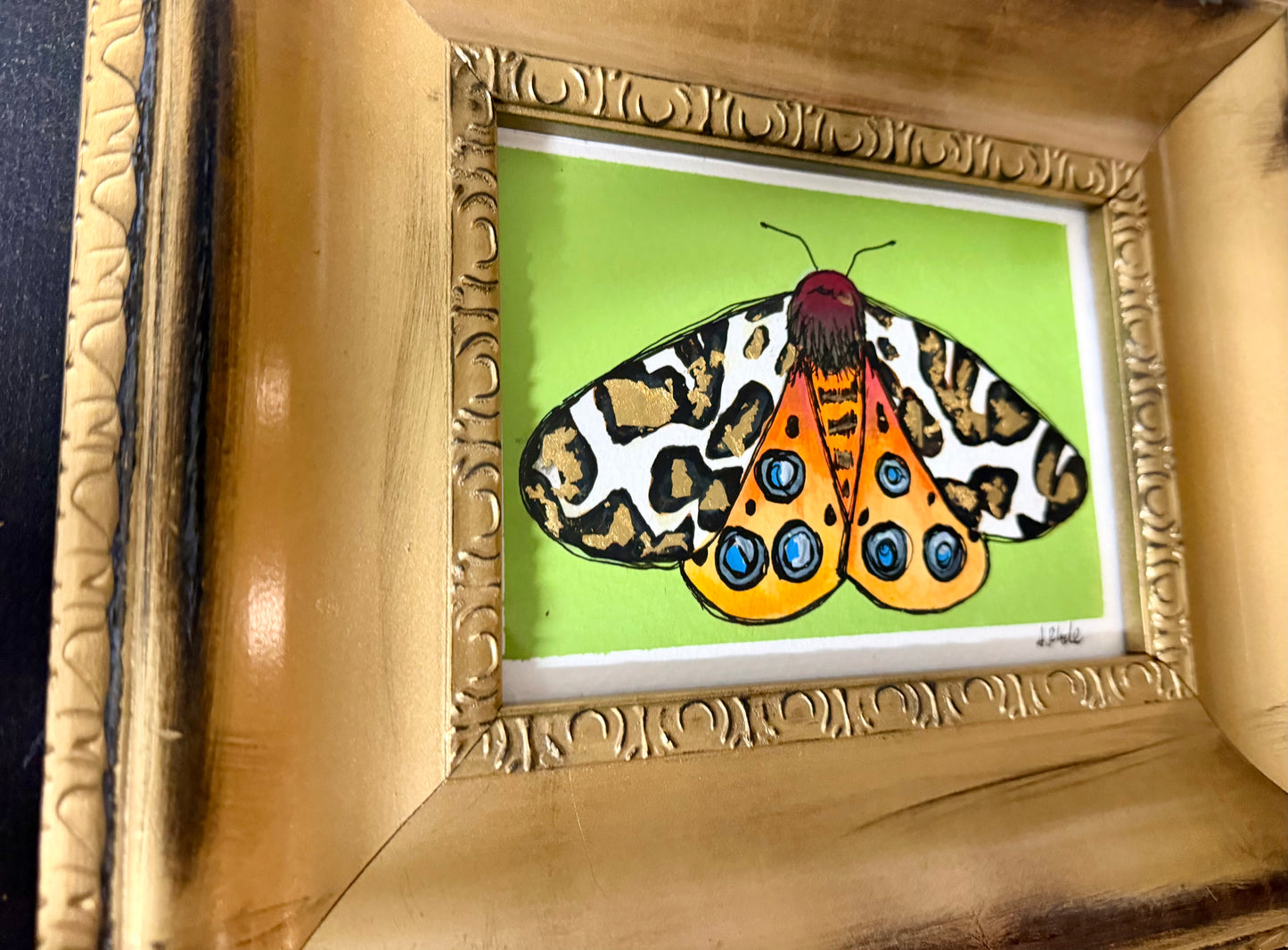 Original,signed painting/mixed media moth on heavyweight archival paper/board in gold ornate frame 10.5x12.5”