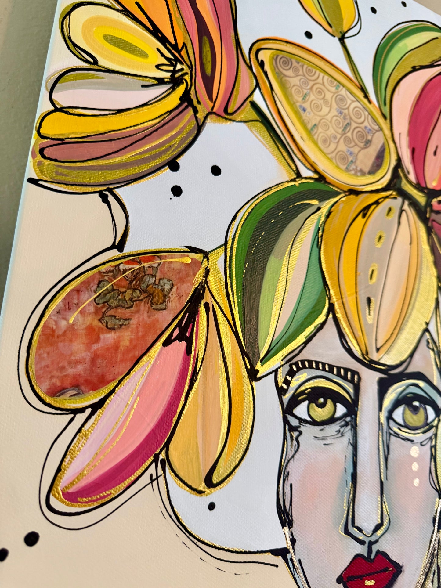 Original, signed painting-15x30”painted, wide edge canvas: Abstract portrait with mixed media collage