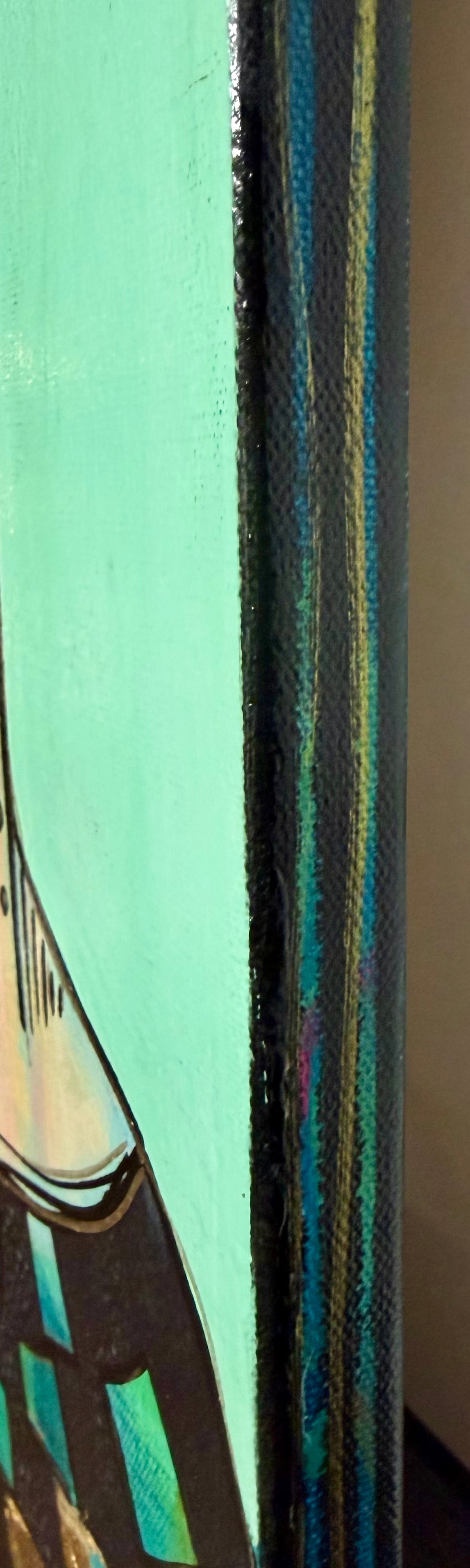 10x30” Original signed painting on painted edge canvas. Tall Abstract portrait, acrylic w/collage cityscape