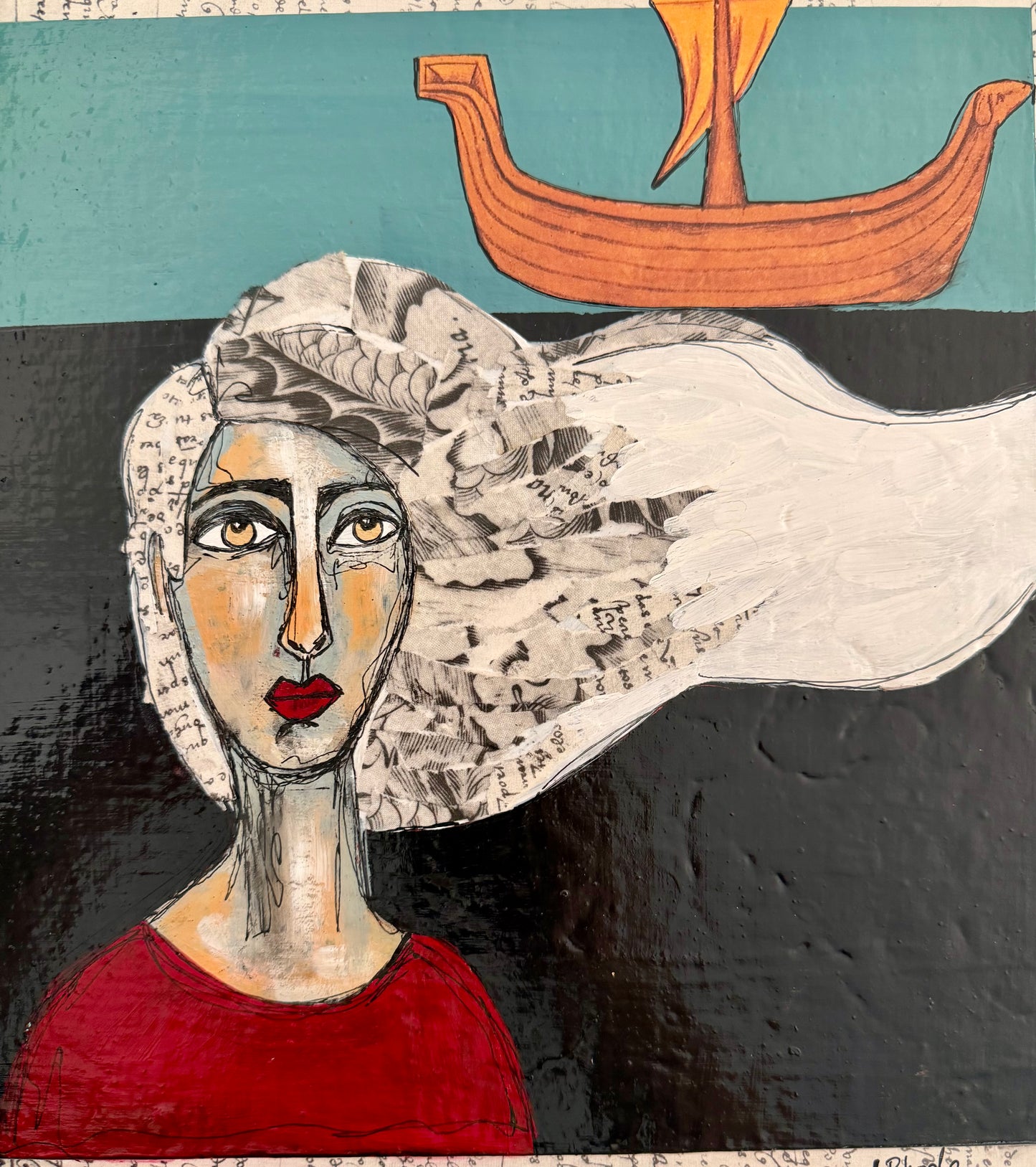 Original, signed mixed media painting/collage on 1in framed wood panel   Abstract portrait w/mixed media -12x12”