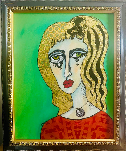 Original painting on canvas in black/gold frame, 20x24. Abstract portrait w/mixed media
