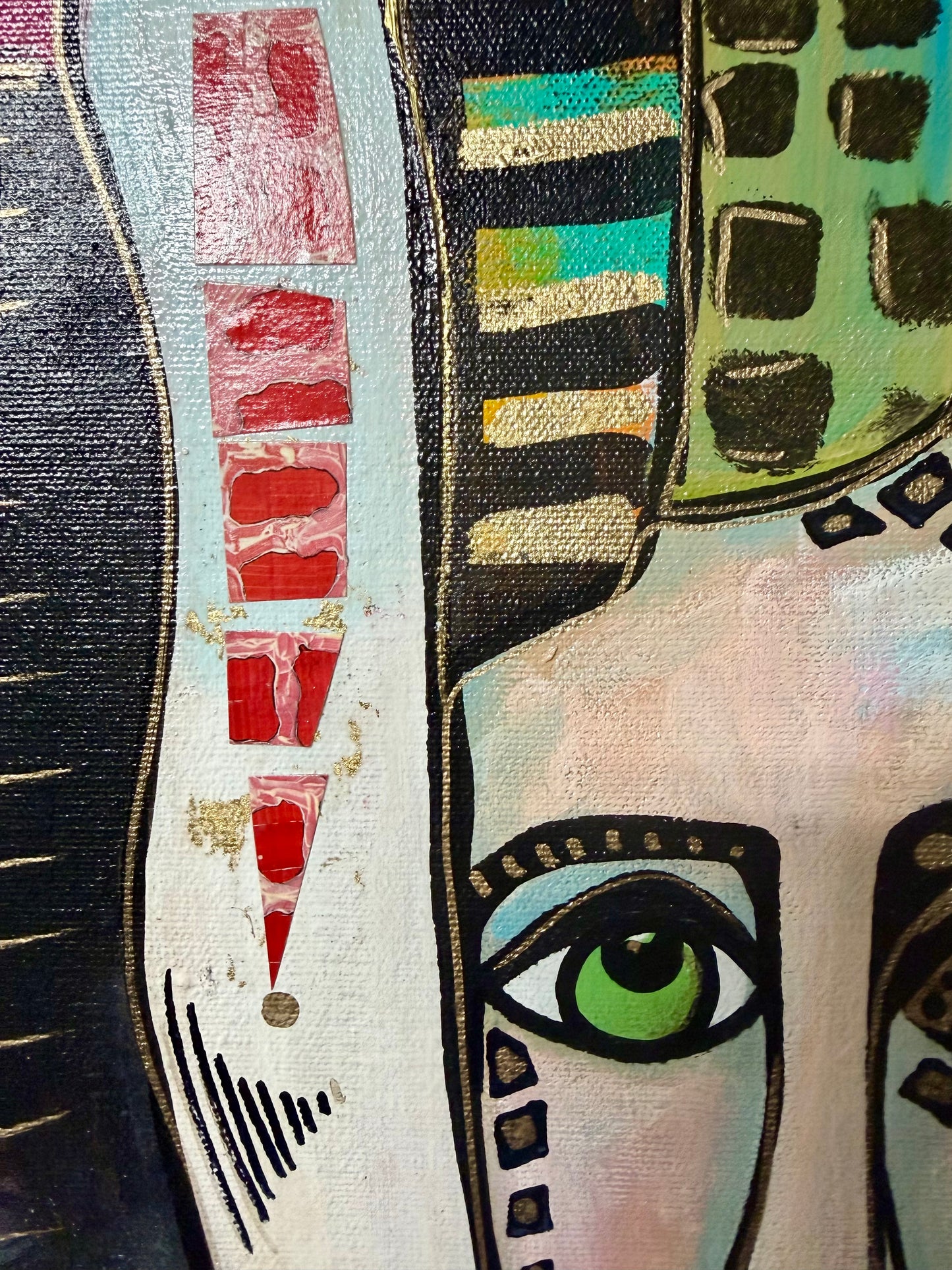 15x30” Original signed painting on painted edge canvas. Tall Abstract portrait, acrylic w/collage cityscape