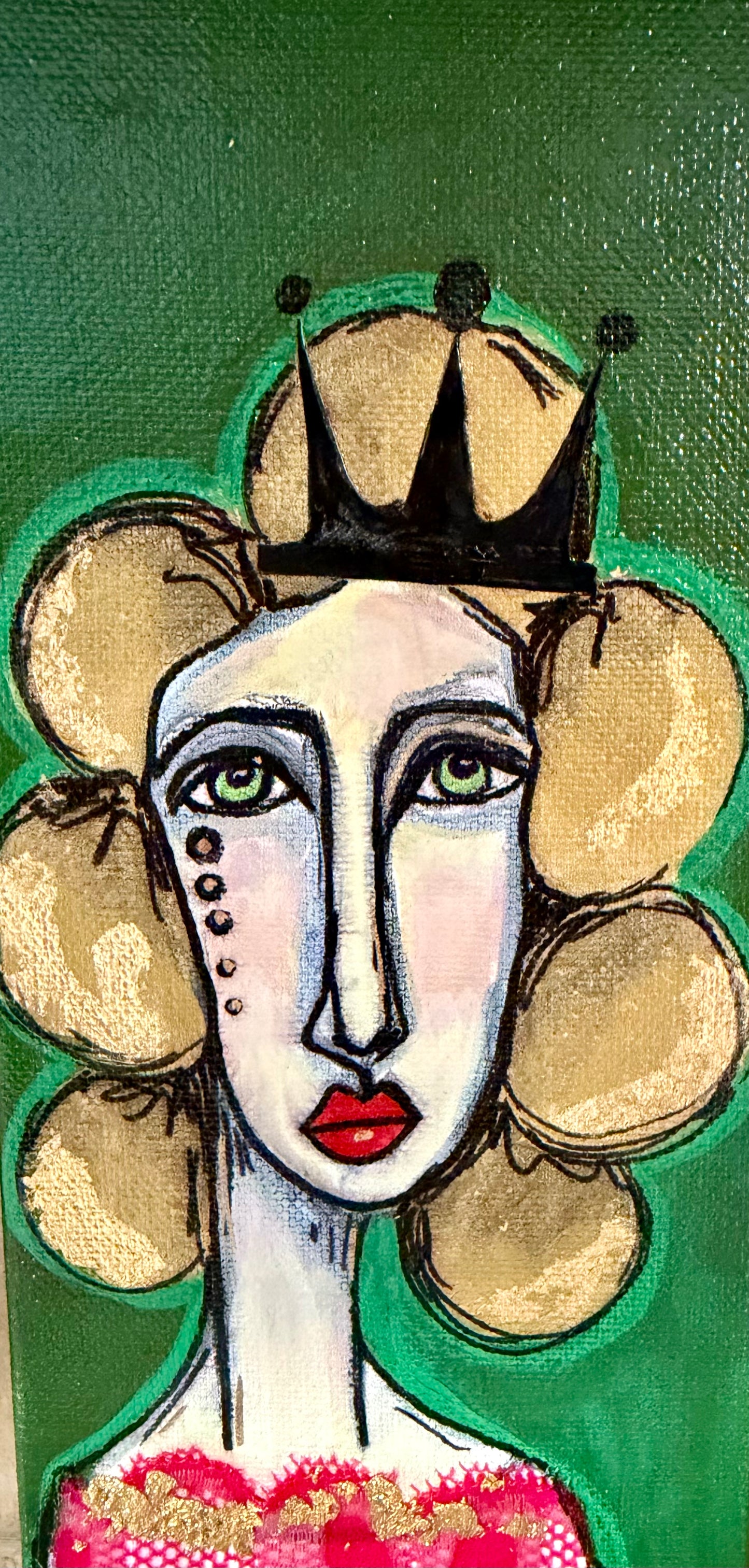 Original, signed mini /slender painting on canvas  Abstract portrait w/mixed media 4x12”