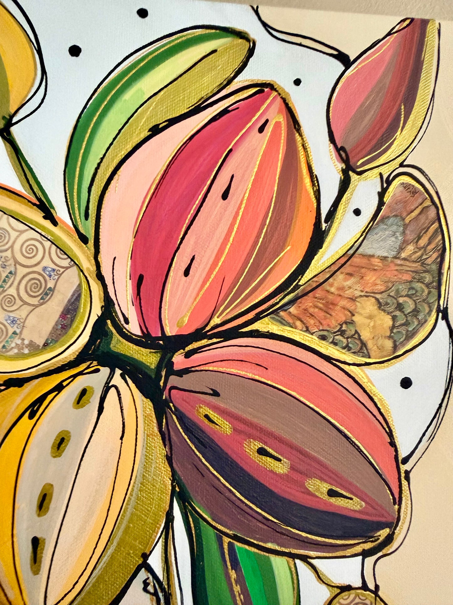 Original, signed painting-15x30”painted, wide edge canvas: Abstract portrait with mixed media collage
