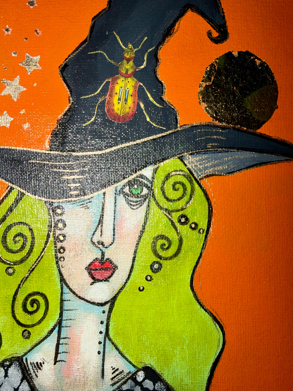 Original,signed mini Witch painting on canvas board in frame 10x15”