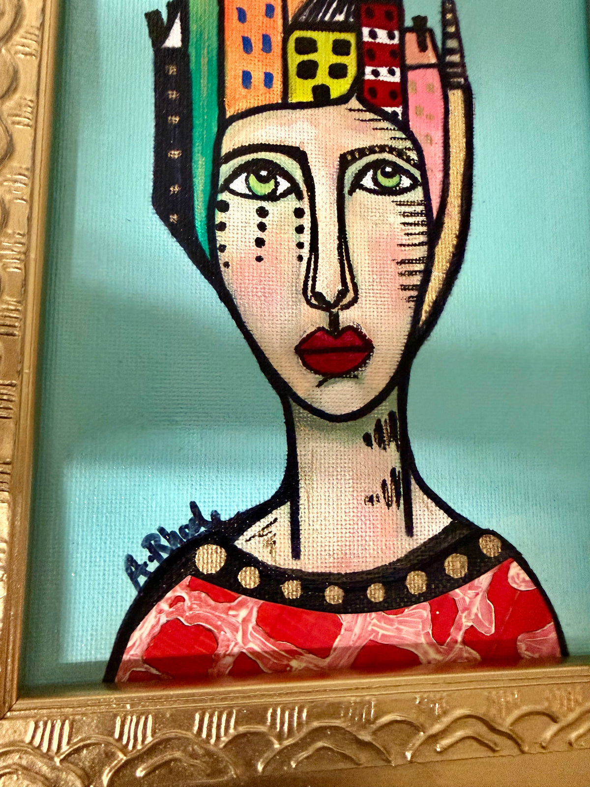 Original,signed painting-mixed media portrait on canvas in gold frame 10x12