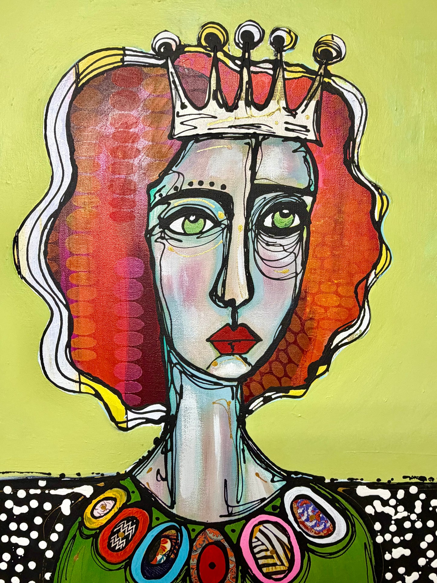 Original, signed painting-20x24”wide edge canvas: Abstract portrait with mixed media and collage edge