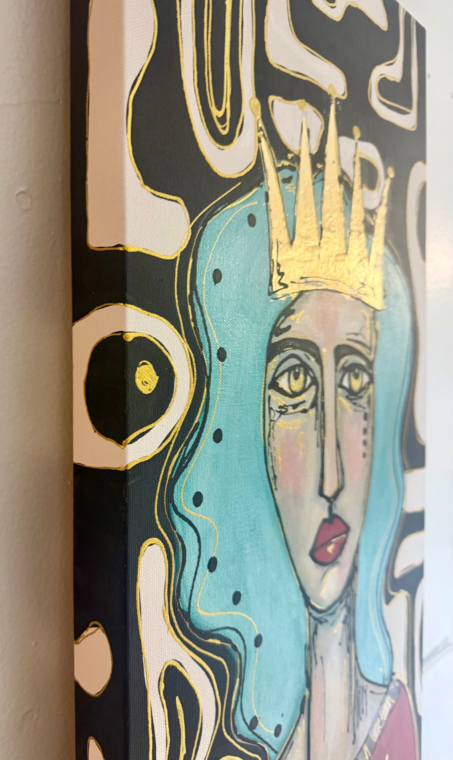 Original, signed painting-12x24” painted edge canvas: Abstract portrait w/ mixed media crown