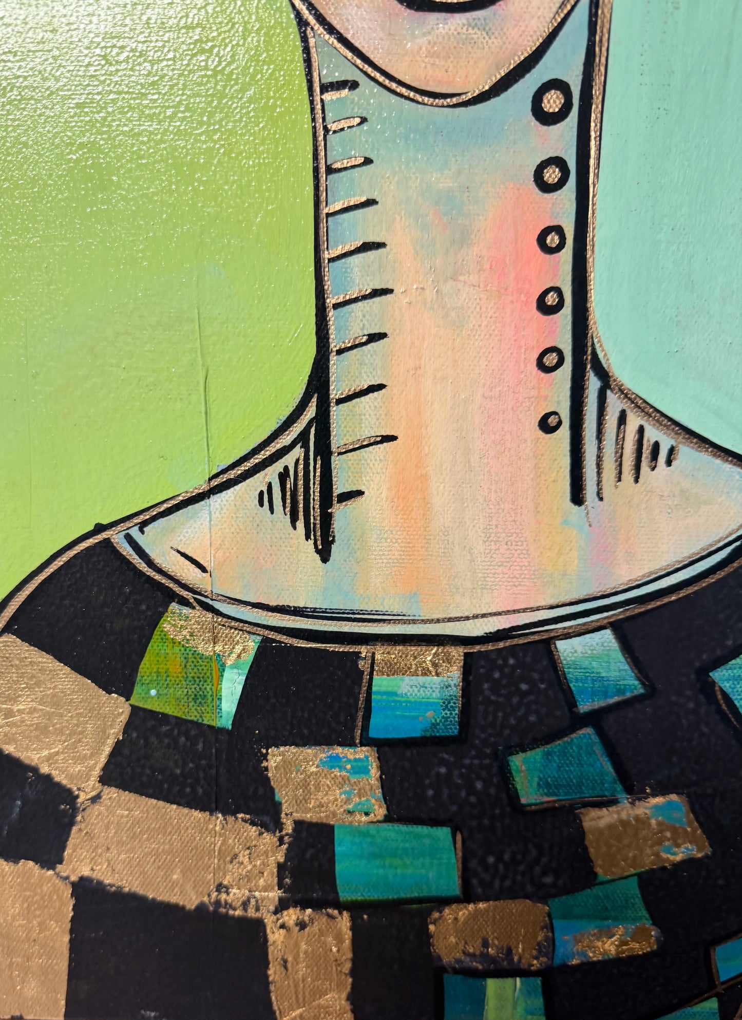 10x30” Original signed painting on painted edge canvas. Tall Abstract portrait, acrylic w/collage cityscape