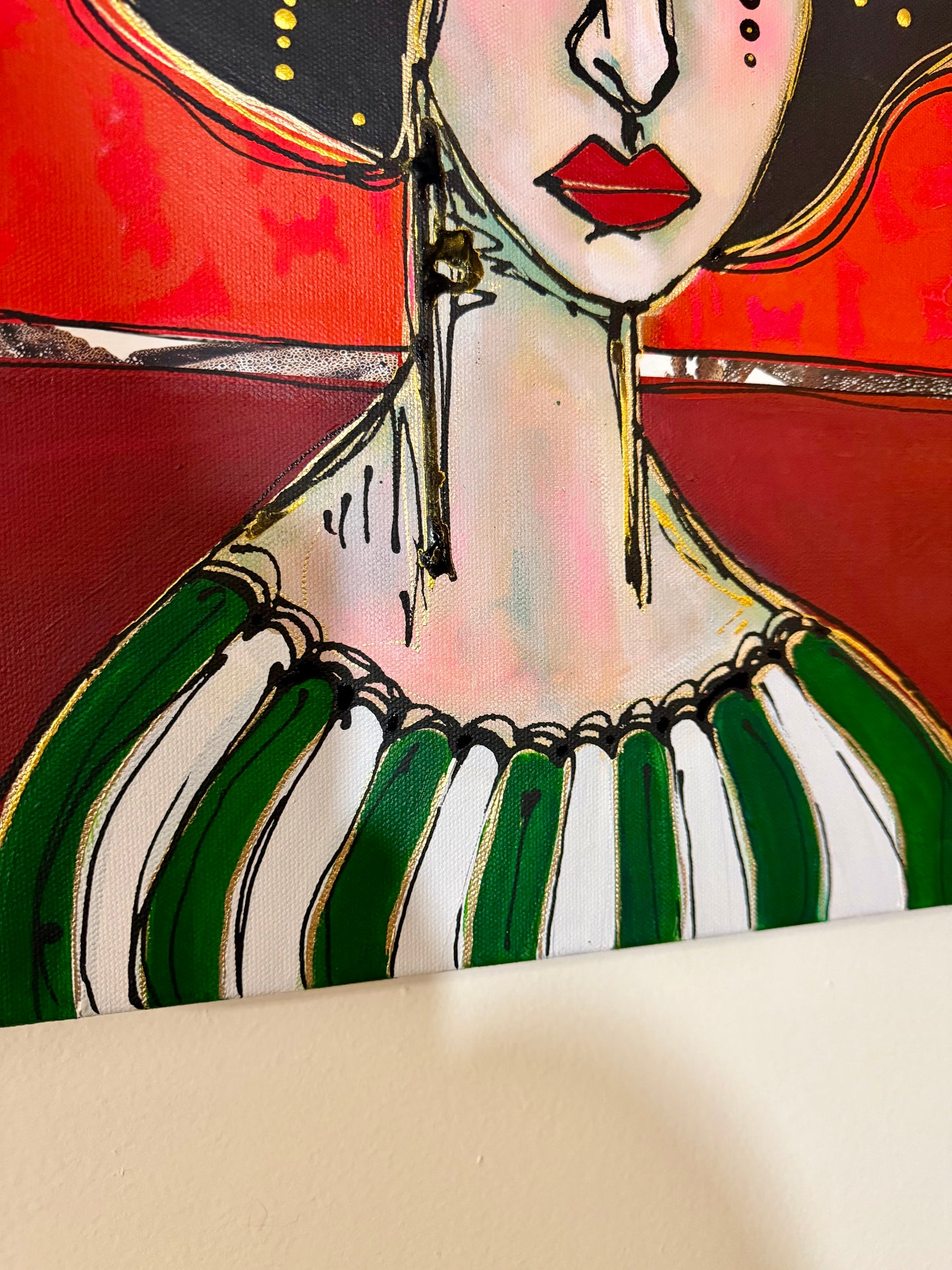 Original, signed painting-20x20”wide edge canvas: Abstract portrait with flowers/mixed media.