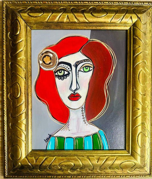 Original painting on canvas board in ornate gold frame, 12x14” Abstract portrait w/mixed media.