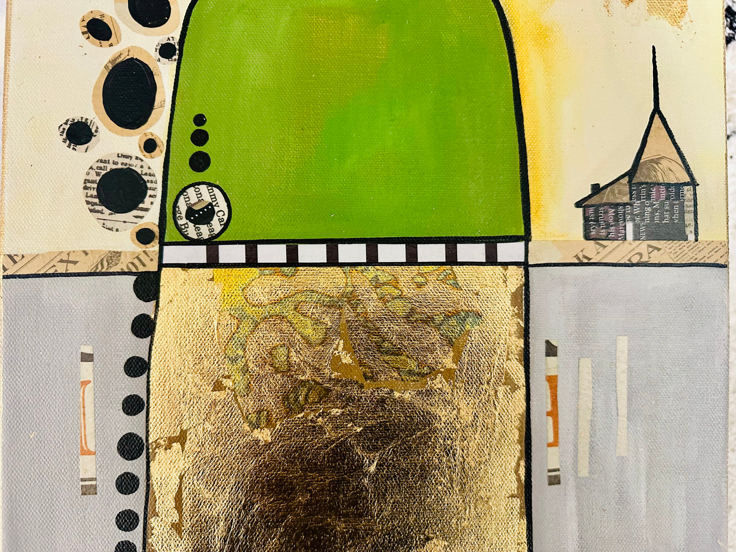 Original, signed painting-12x24” wide collage edge canvas: Abstract portrait w/ mixed media