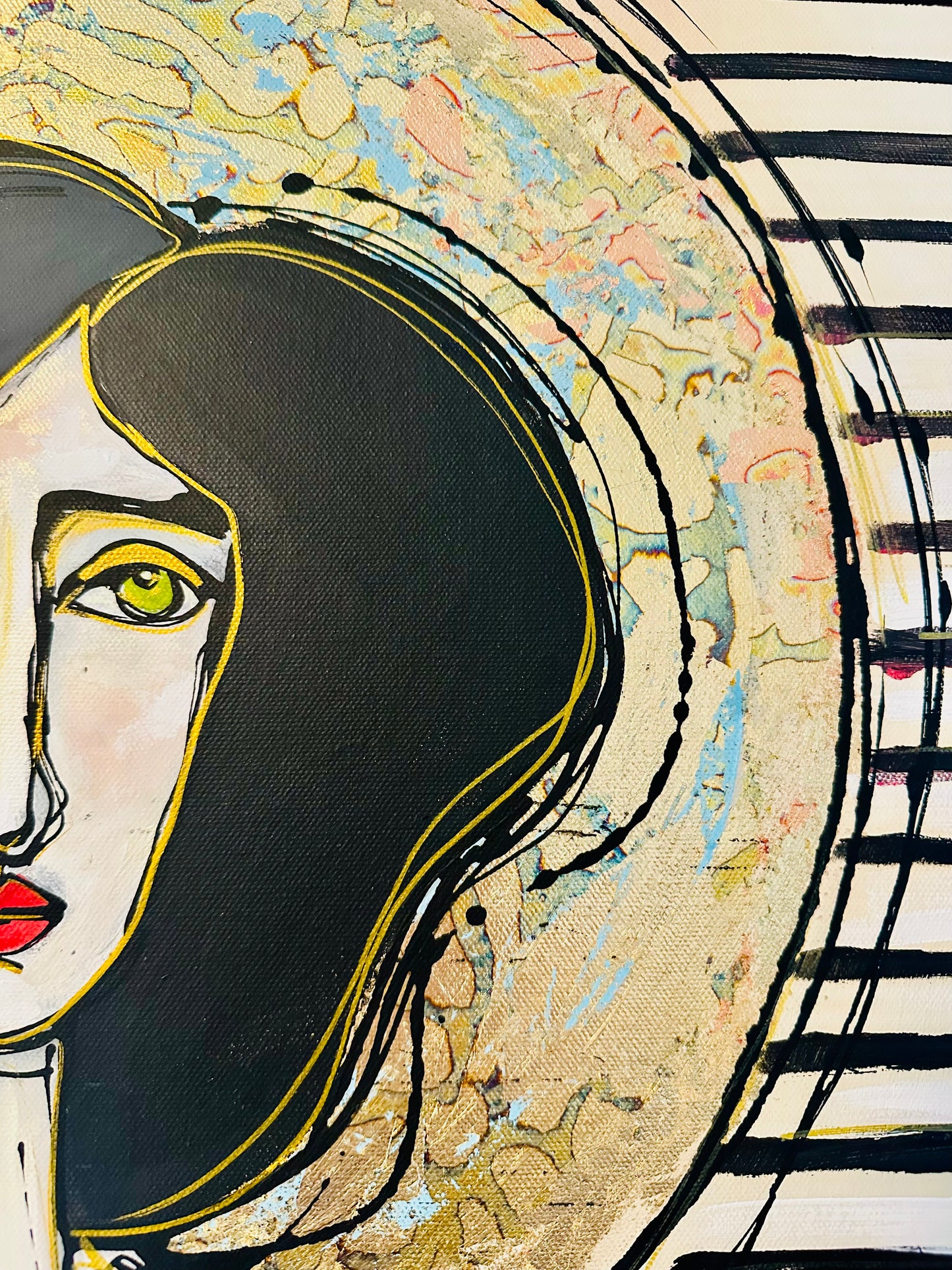 Original, signed painting-24x48”- black edge canvas: Abstract portrait w/ mixed media -“copper nimbus”