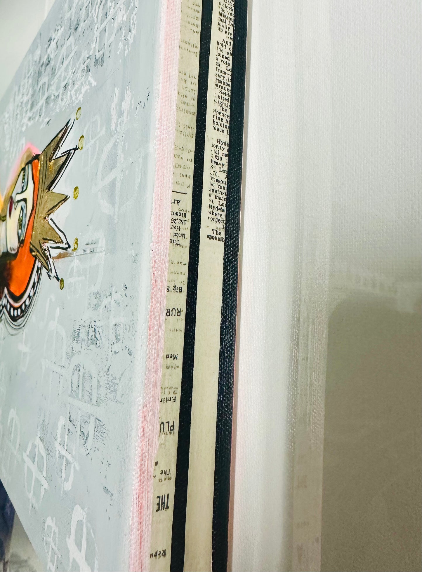 Original, signed painting-12x24” wide collage edge canvas: Abstract portrait w/ mixed media