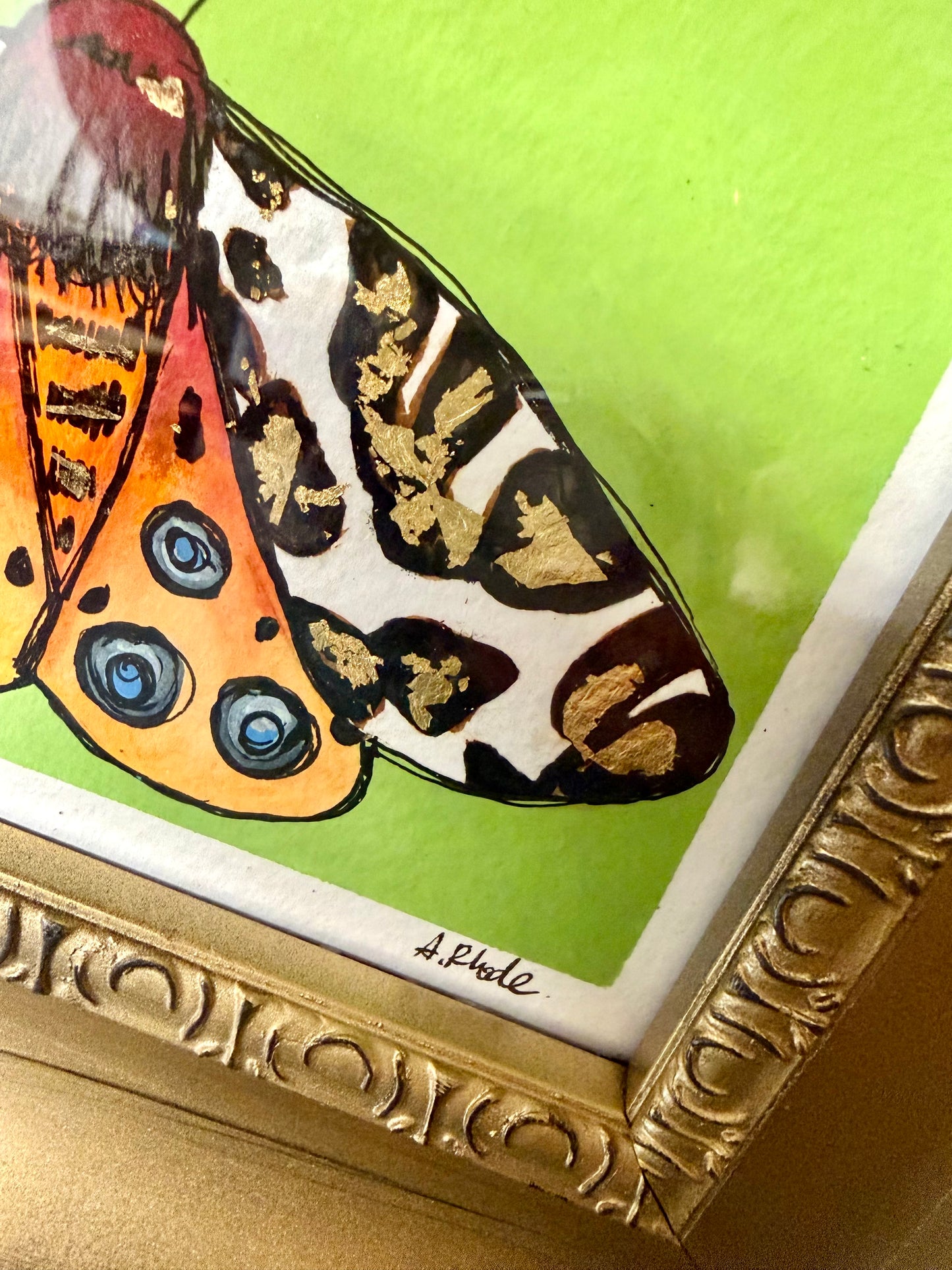 Original,signed painting/mixed media moth on heavyweight archival paper/board in gold ornate frame 10.5x12.5”