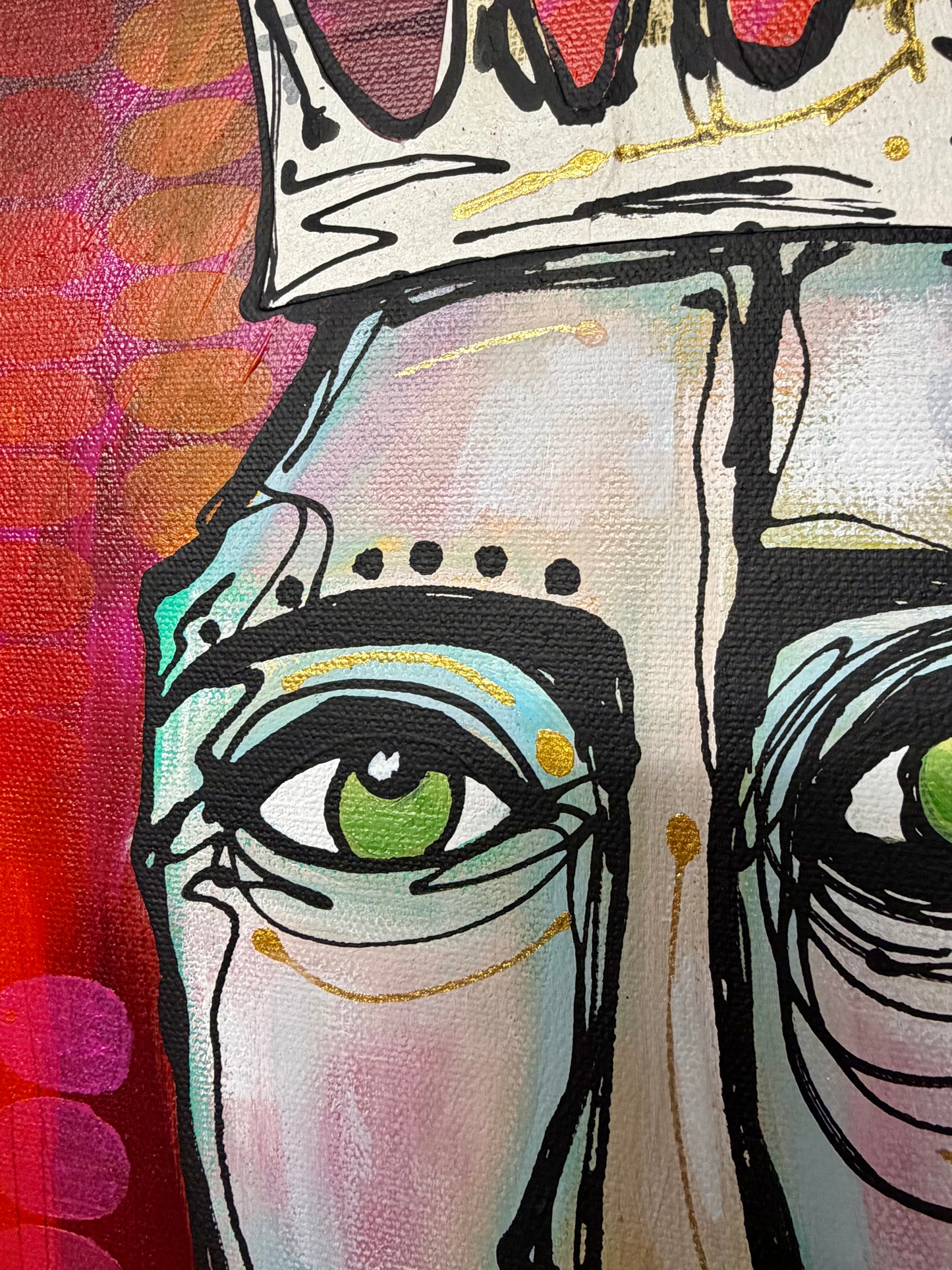 Original, signed painting-20x24”wide edge canvas: Abstract portrait with mixed media and collage edge
