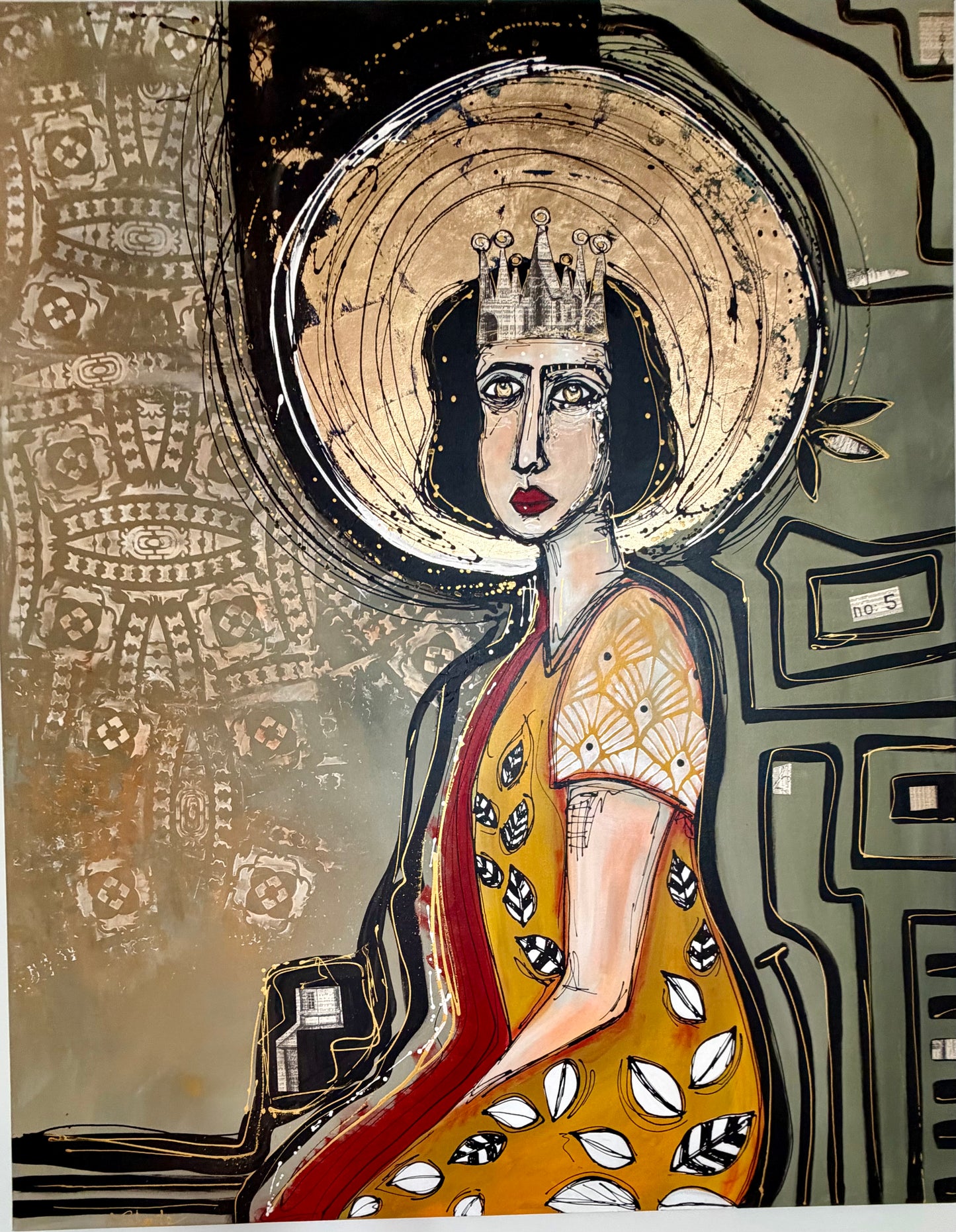 48x60” Original signed painting-wide gallery edge canvas Abstract contour queen portrait w/ mixed media