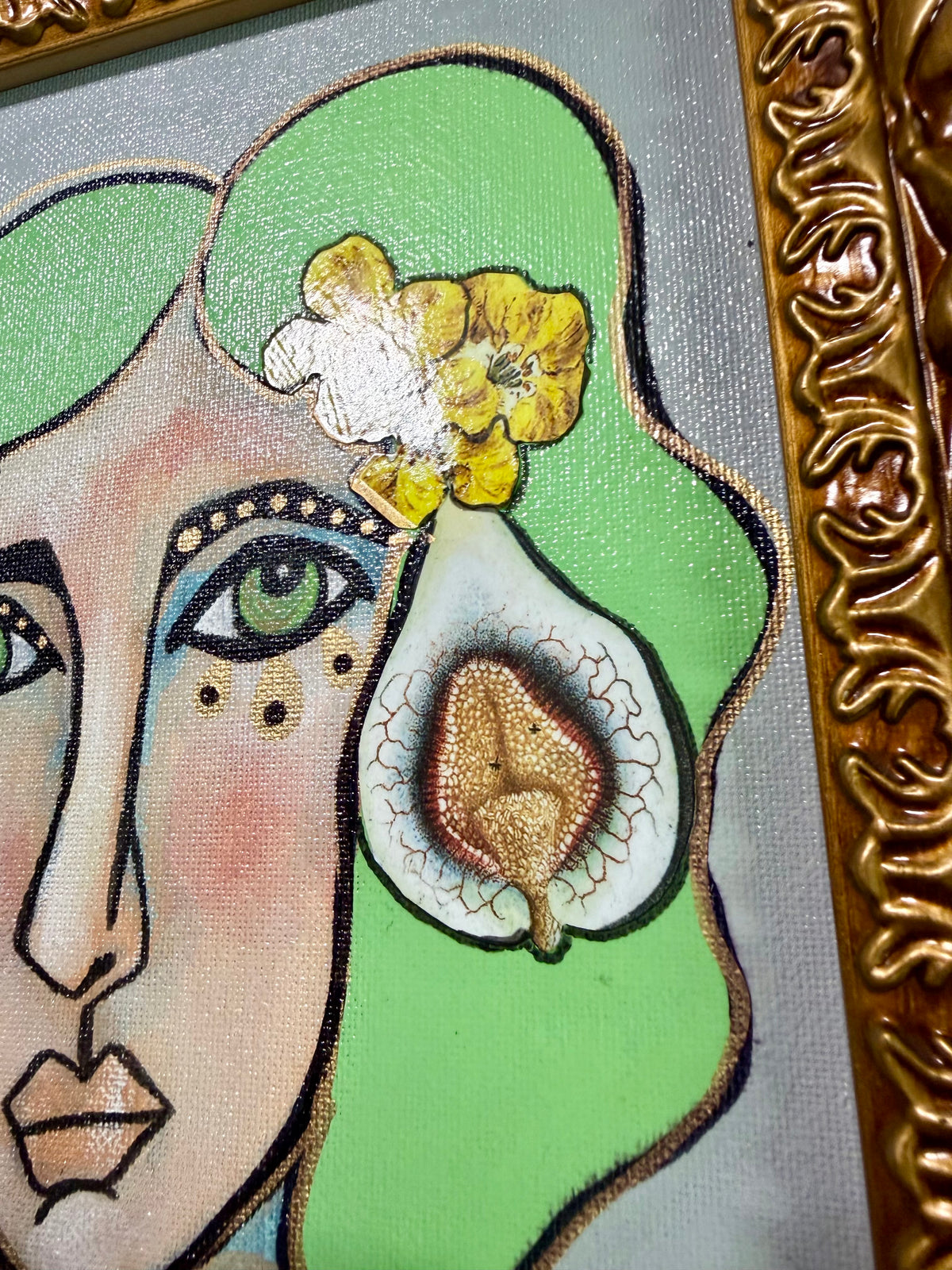 Original,signed painting-mixed media portrait on canvas board in gold frame 12x14”