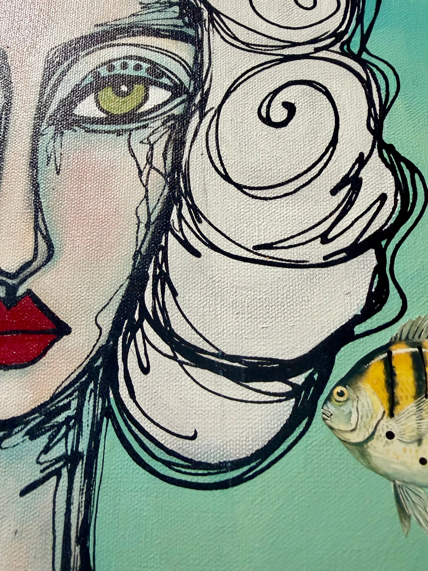 Original, signed painting-18x24”painted, wide edge canvas: Abstract portrait with mixed media collage