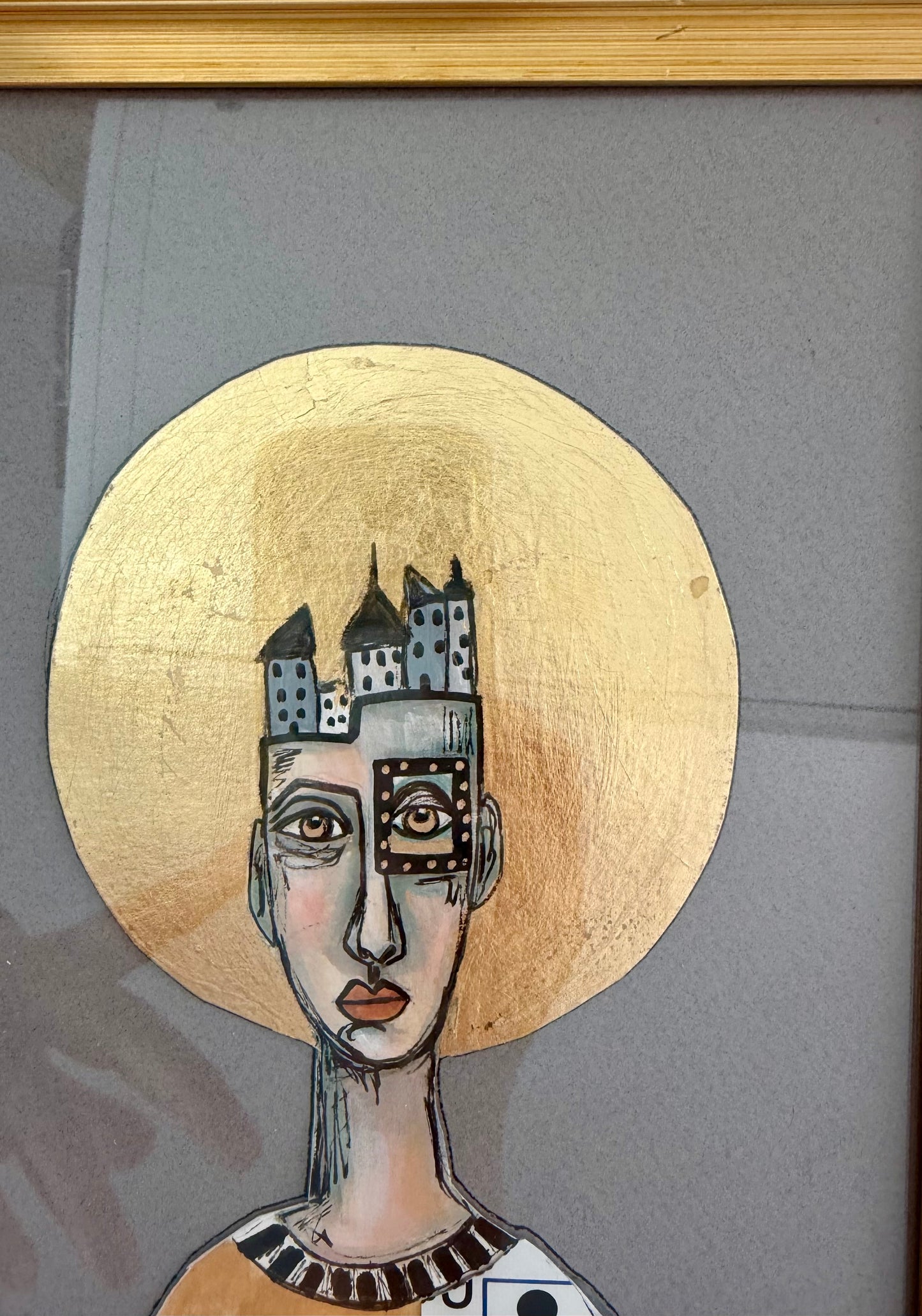 Original,signed painting/mixed media collage portrait on board in gold frame, 10x12”