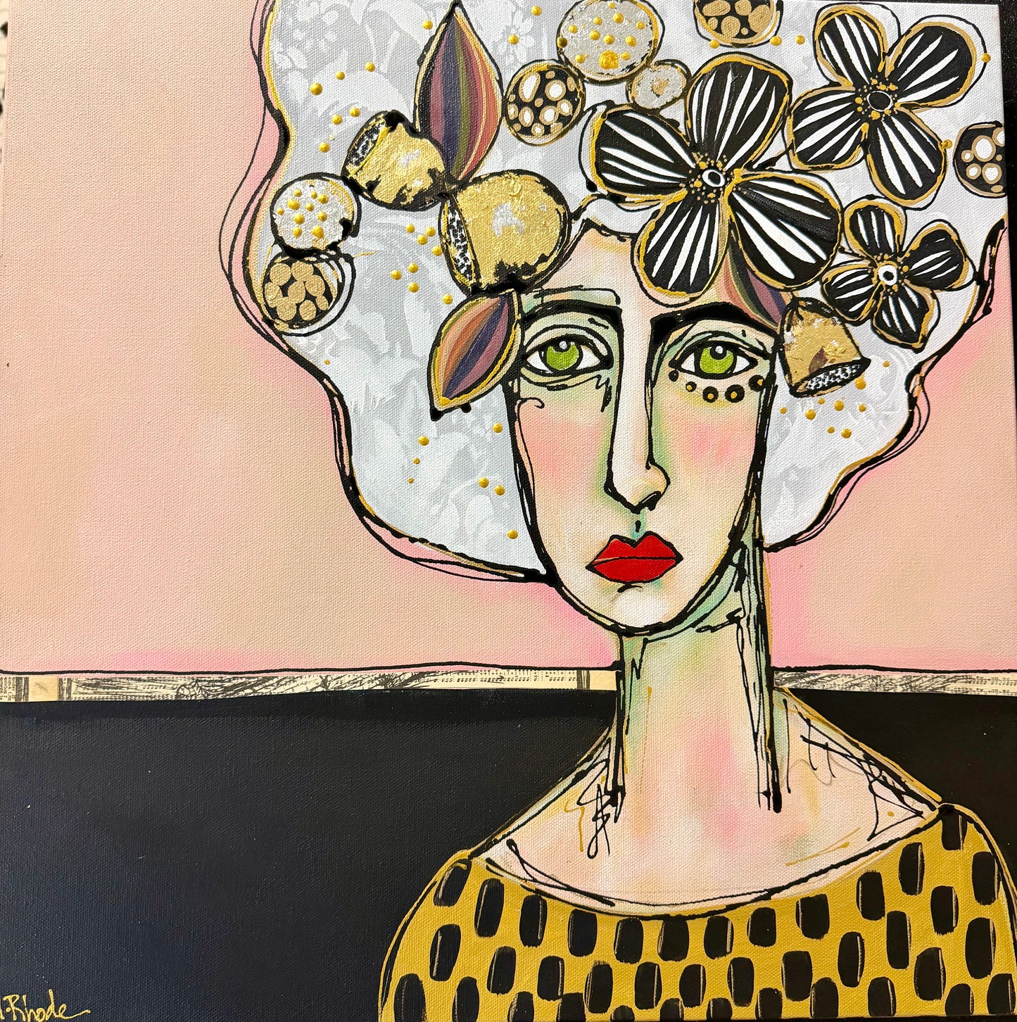 Original, signed painting-20x20”wide edge canvas: Abstract portrait with flowers/mixed media.